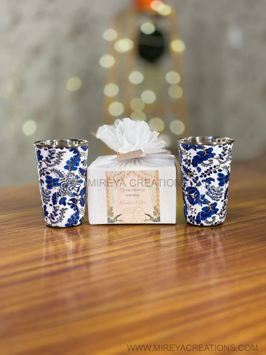 Printed Steel Glass Set Return Gift | Set of 2 Stainless Steel Glasses | Wedding & Housewarming Favor Under ₹500