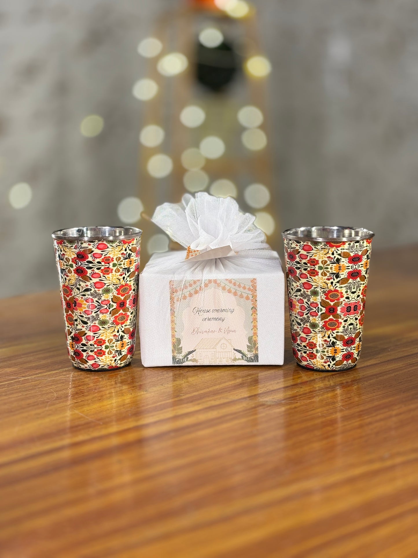 Printed Steel Glass Set Return Gift | Set of 2 Stainless Steel Glasses | Wedding & Housewarming Favor Under ₹500