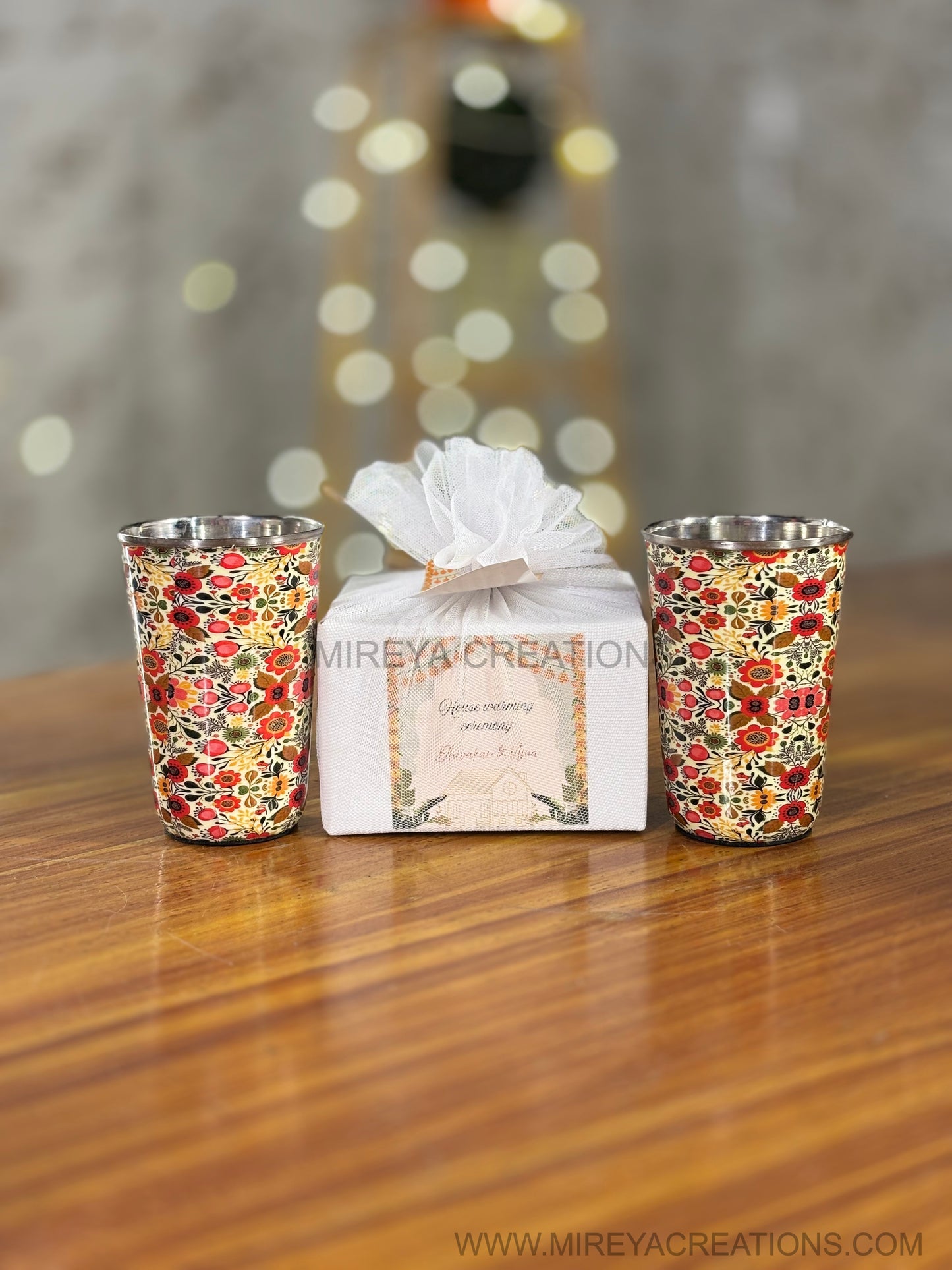 Printed Steel Glass Set Return Gift | Set of 2 Stainless Steel Glasses | Wedding & Housewarming Favor Under ₹500