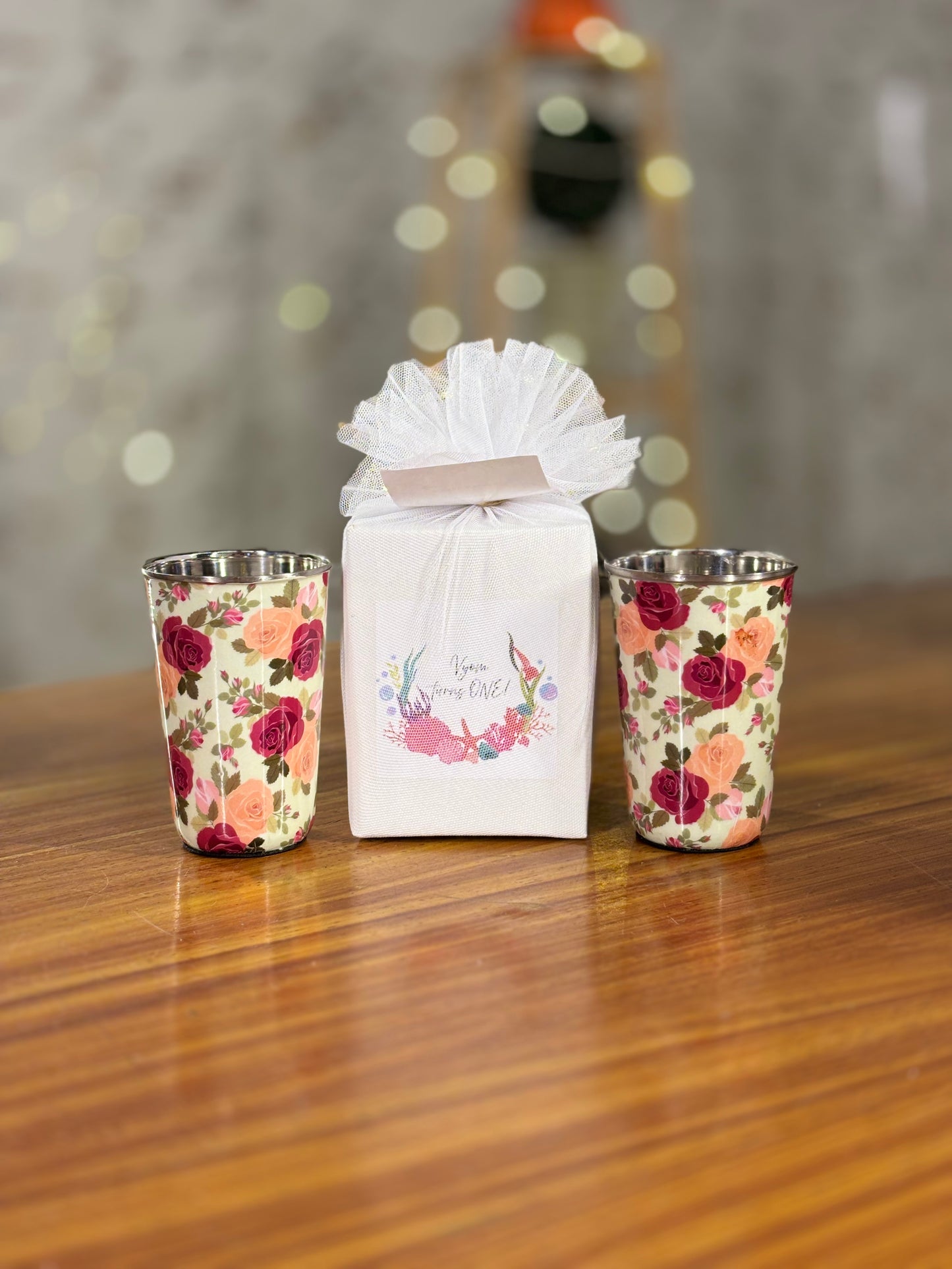 Printed Steel Glass Set Return Gift | Set of 2 Stainless Steel Glasses | Wedding & Housewarming Favor Under ₹500