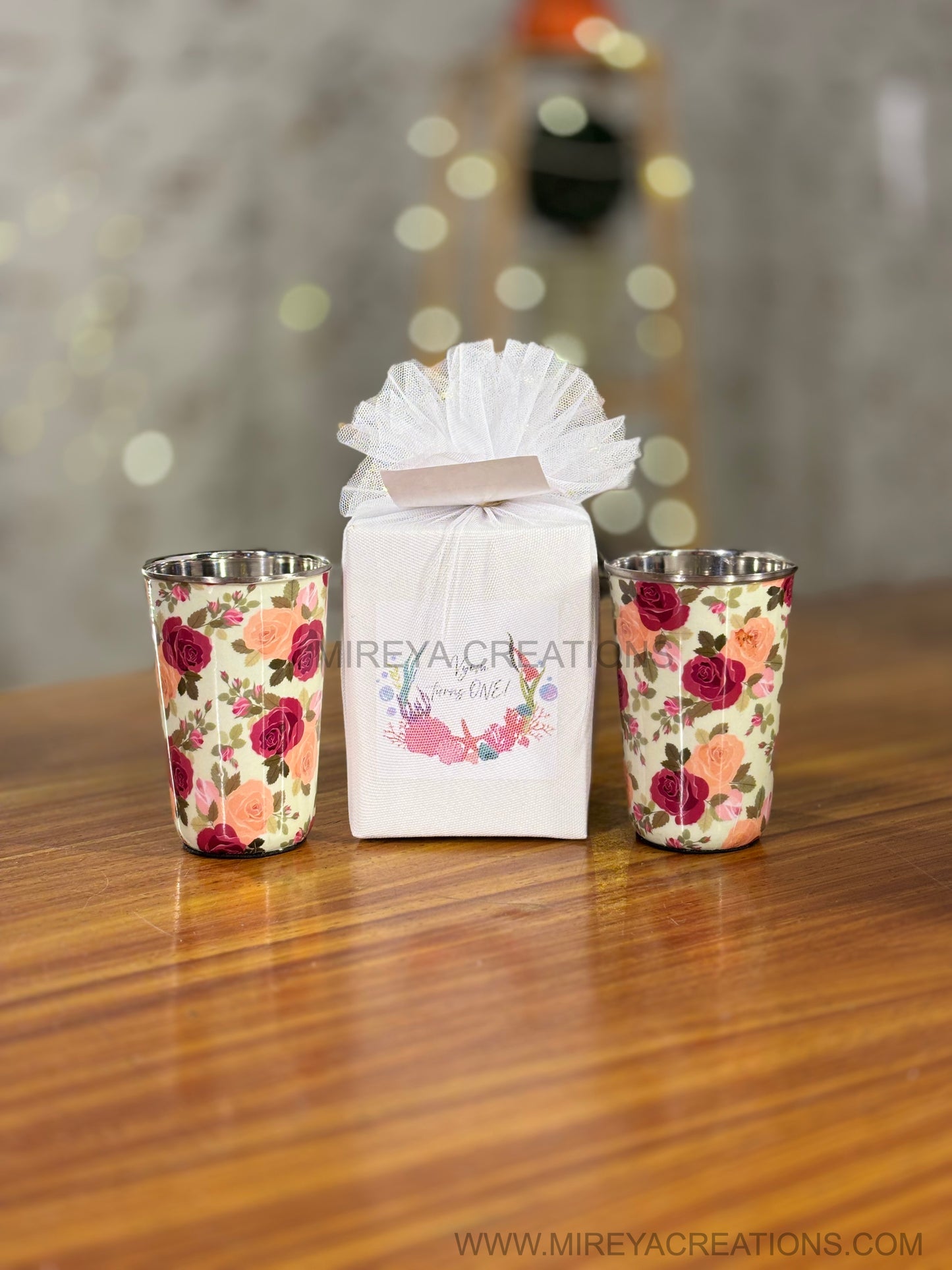 Printed Steel Glass Set Return Gift | Set of 2 Stainless Steel Glasses | Wedding & Housewarming Favor Under ₹500