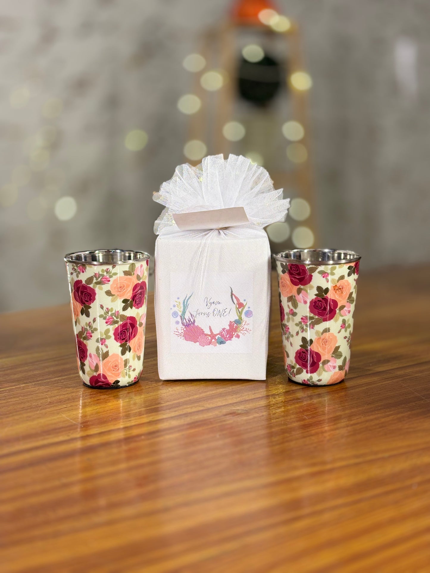 Printed Steel Glass Set Return Gift | Set of 2 Stainless Steel Glasses | Wedding & Housewarming Favor Under ₹500