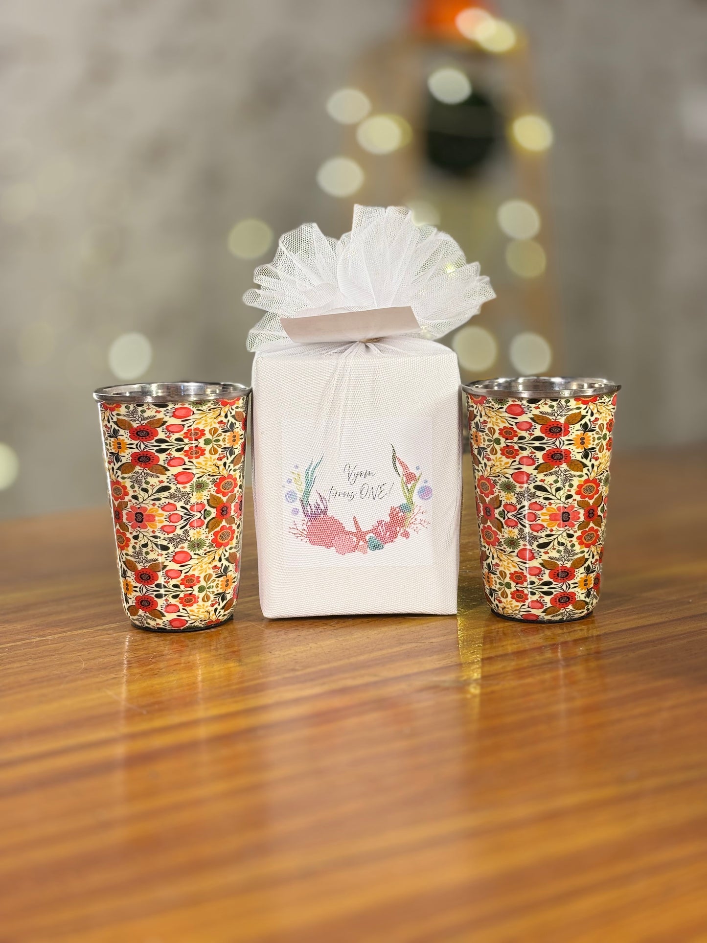 Printed Steel Glass Set Return Gift | Set of 2 Stainless Steel Glasses | Wedding & Housewarming Favor Under ₹500