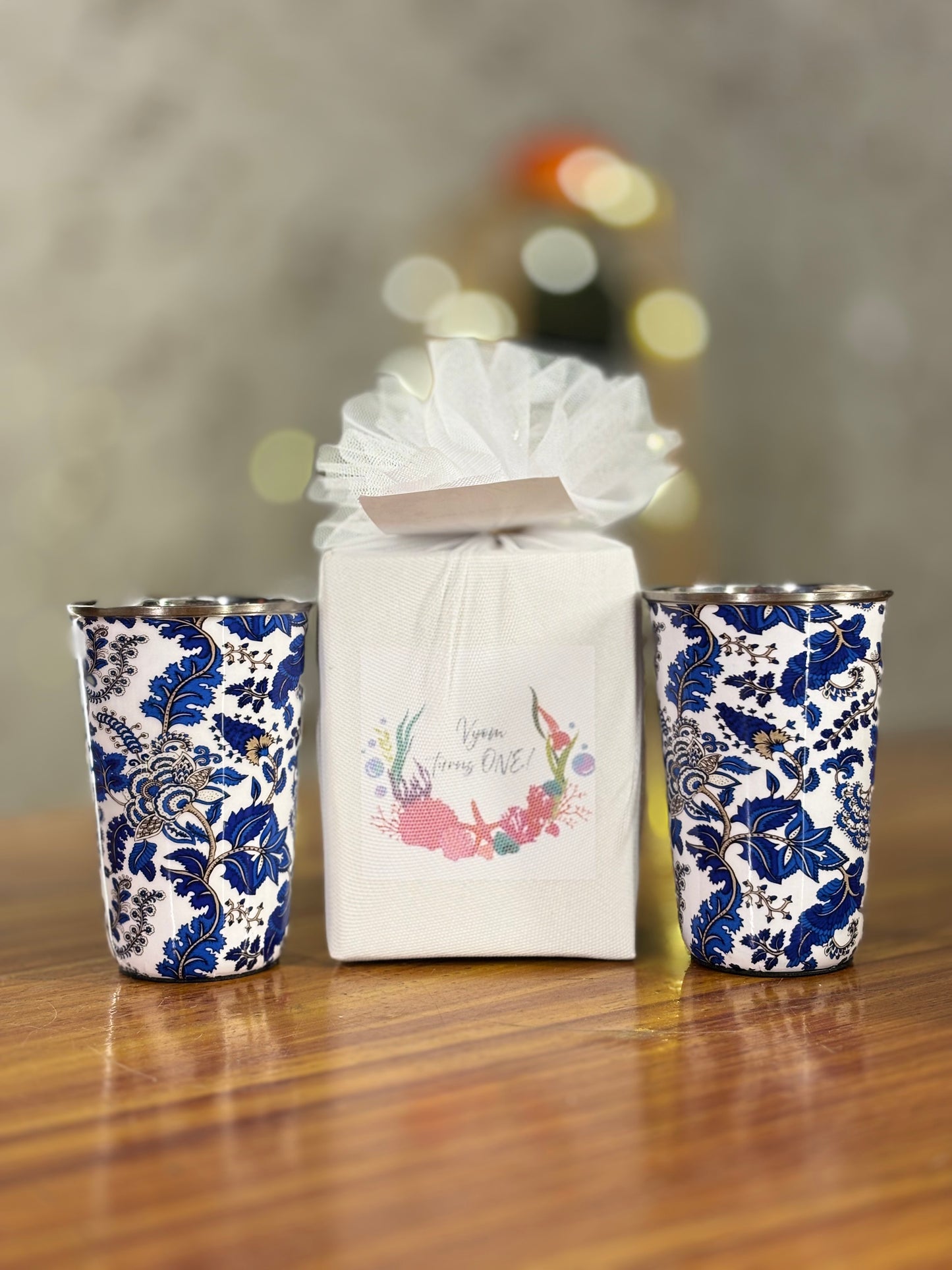 Printed Steel Glass Set Return Gift | Set of 2 Stainless Steel Glasses | Wedding & Housewarming Favor Under ₹500