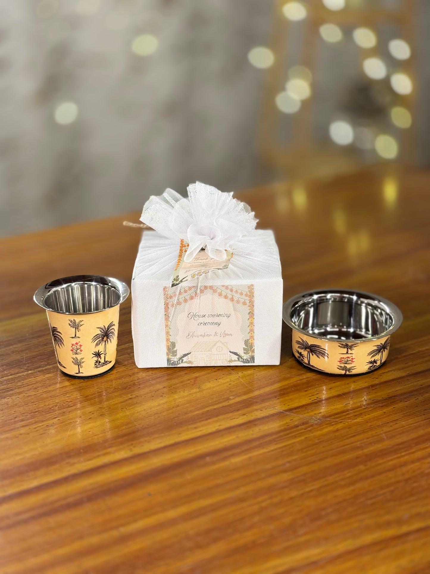 Printed Stainless Steel Dabara Return Gift | Traditional South Indian Dabara | Wedding & Puja Favor Under ₹500