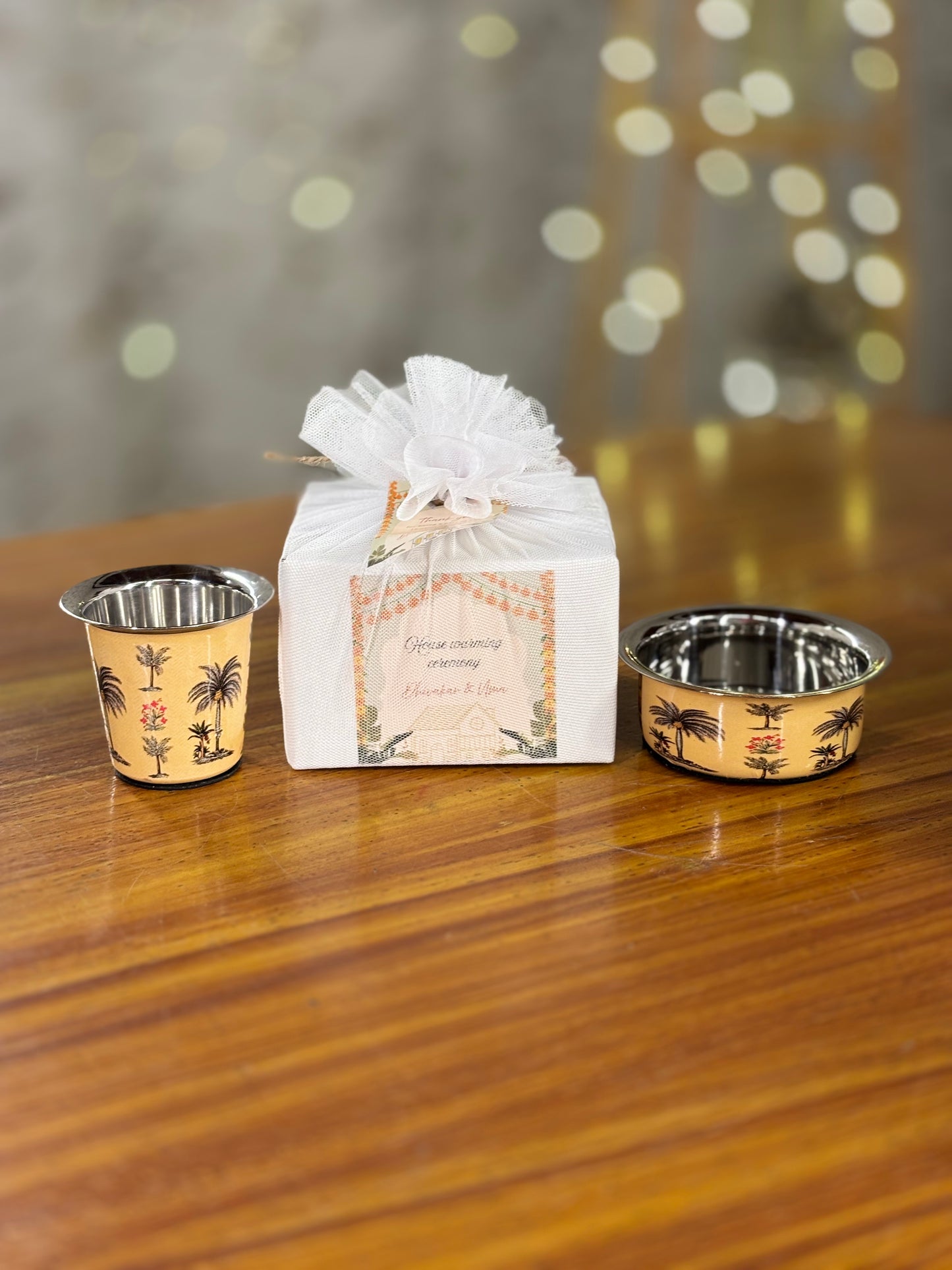 Printed Stainless Steel Dabara Return Gift | Traditional South Indian Dabara | Wedding & Puja Favor Under ₹500