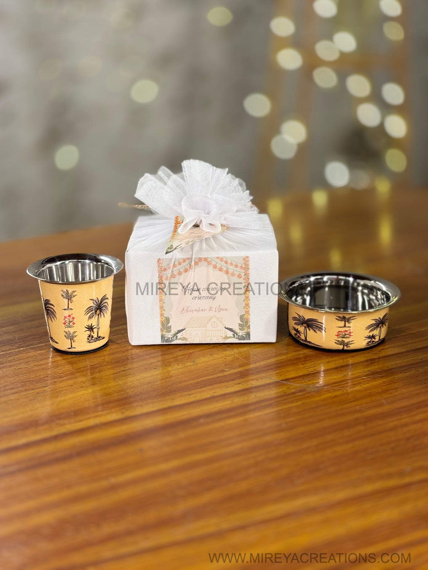 Printed Stainless Steel Dabara Return Gift | Traditional South Indian Dabara | Wedding & Housewarming Favor Under ₹500