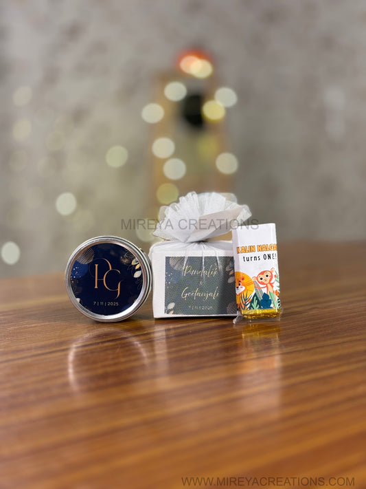 Customised Tin Candle + Chocolate Bar Return Gift | Wedding & Housewarming Favor Under ₹200