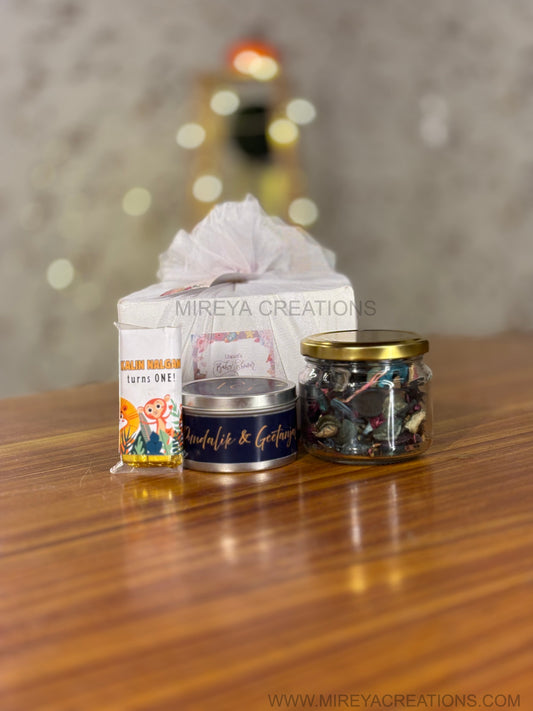 Customised Tin Candle Combo | Potpourri Jar & Chocolate Bar Gift Set | Wedding & Housewarming Return Gift Under ₹500