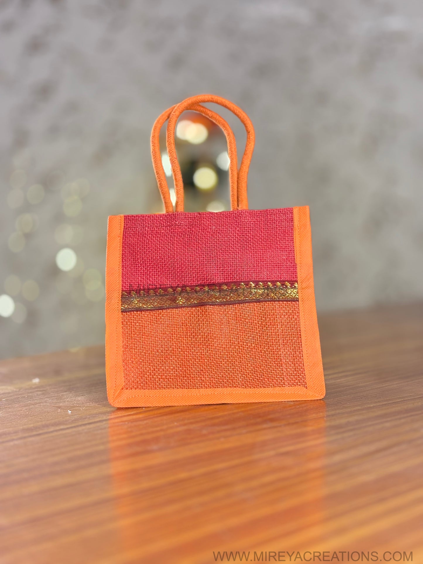 Orange & Maroon Mini Jute Bag Return Gift | Handcrafted Jute Gift Bag | Wedding & Festive Favor Under ₹100