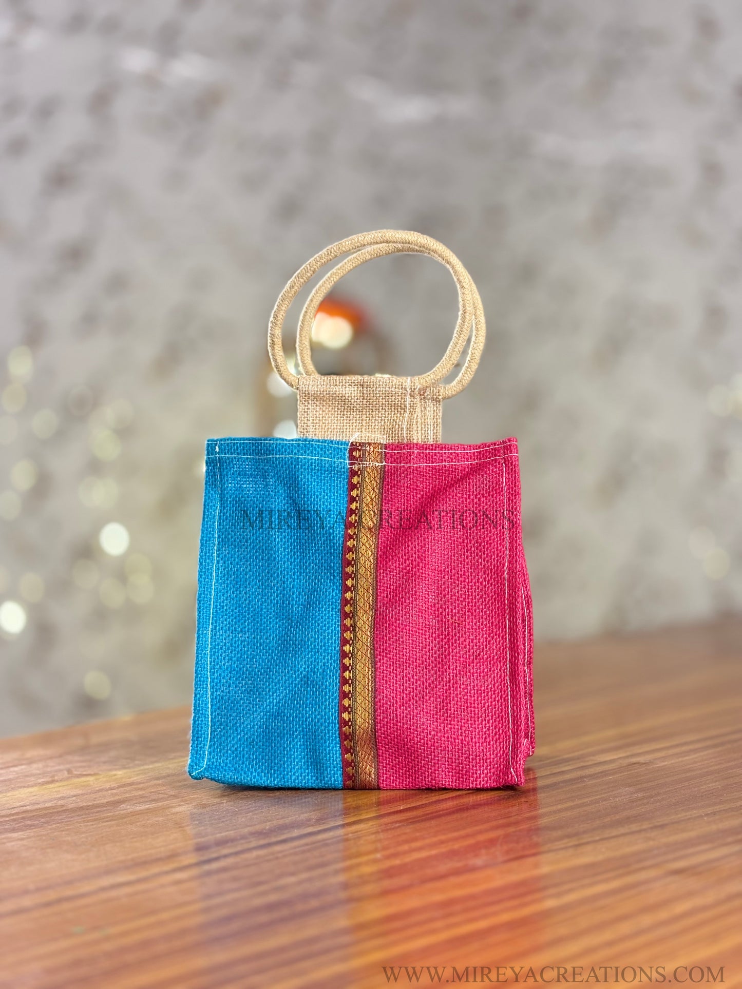 Dual Shade Blue & Pink Mini Jute Bag Return Gift | Handcrafted Jute Bag with Zari Strip | Wedding & Festive Favor Under ₹150