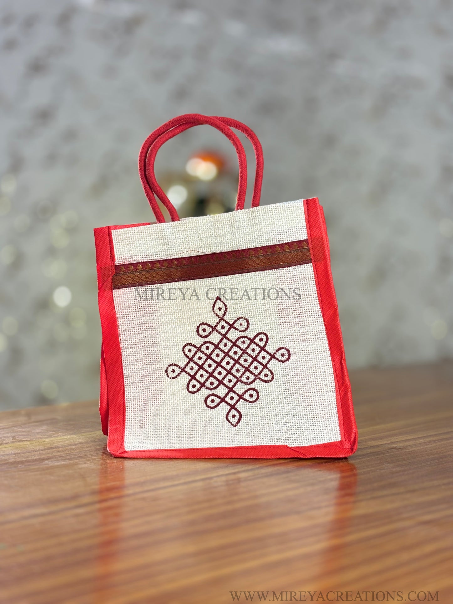 Multicolour Kolam Print Jute Tambulam Bag Return Gift | Traditional Kolam Design Jute Bag | Wedding & Puja Favor Under ₹100