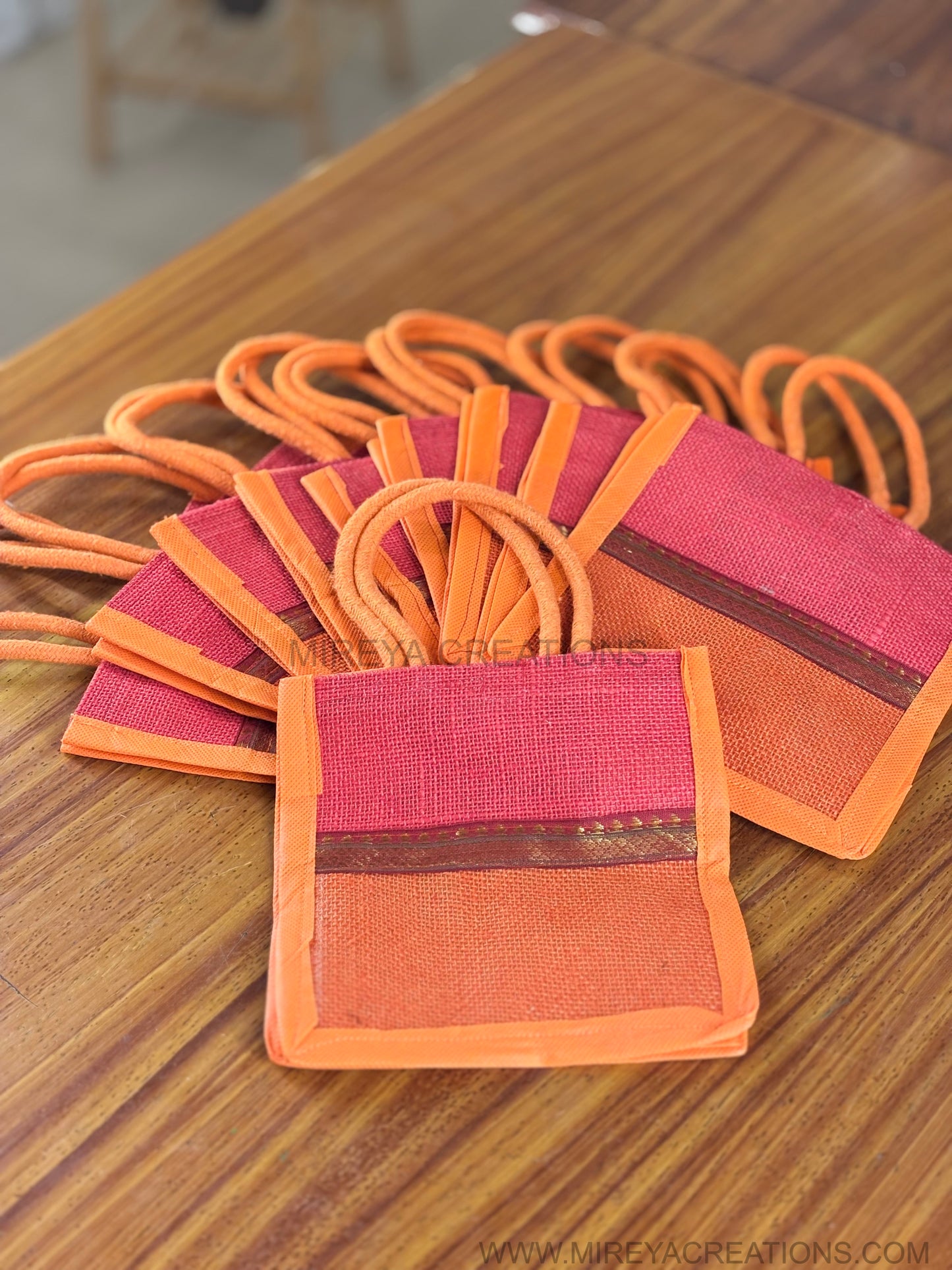 Orange & Maroon Mini Jute Bag Return Gift | Handcrafted Jute Gift Bag | Wedding & Festive Favor Under ₹100