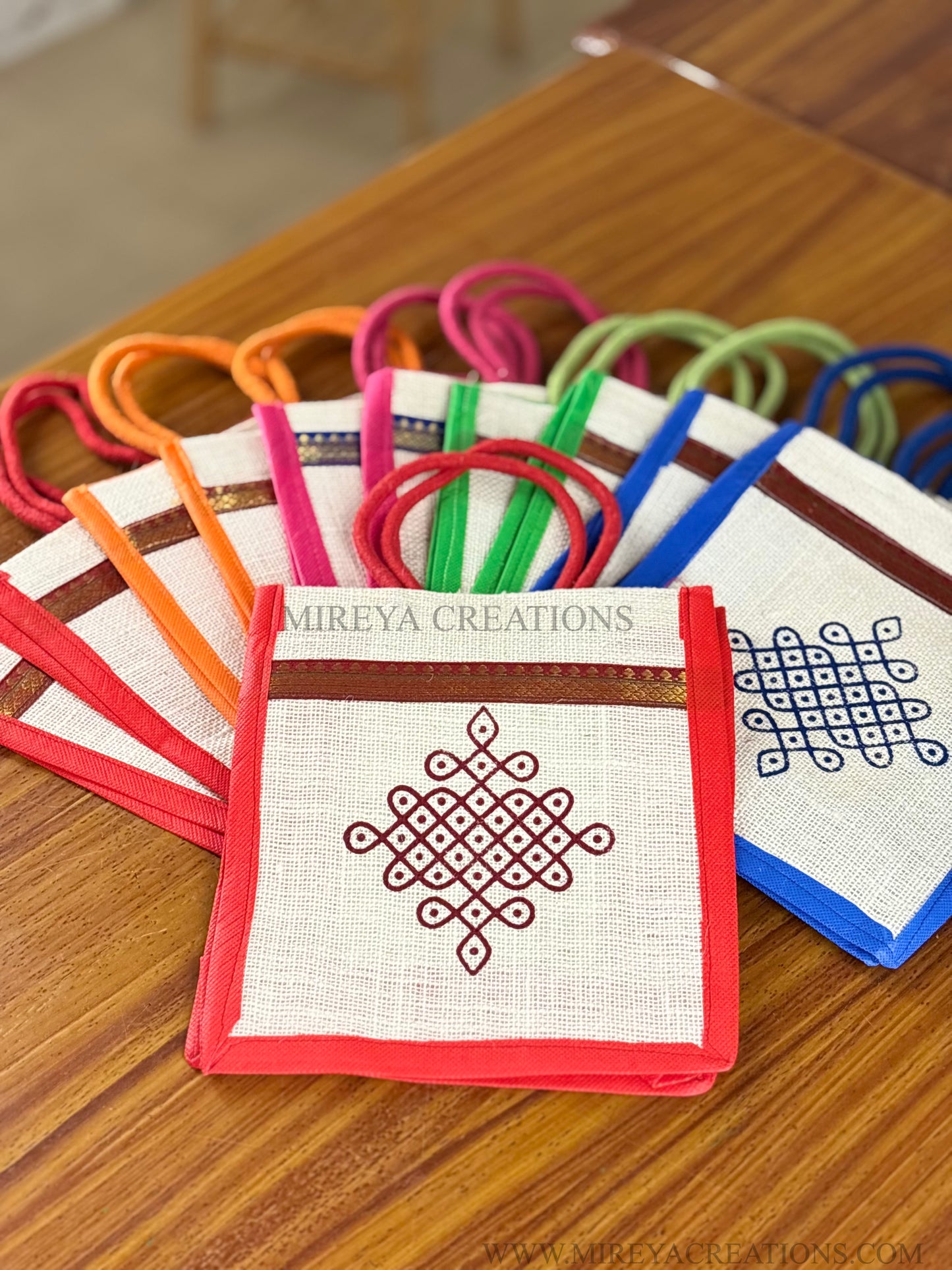Multicolour Kolam Print Jute Tambulam Bag Return Gift | Traditional Kolam Design Jute Bag | Wedding & Puja Favor Under ₹100