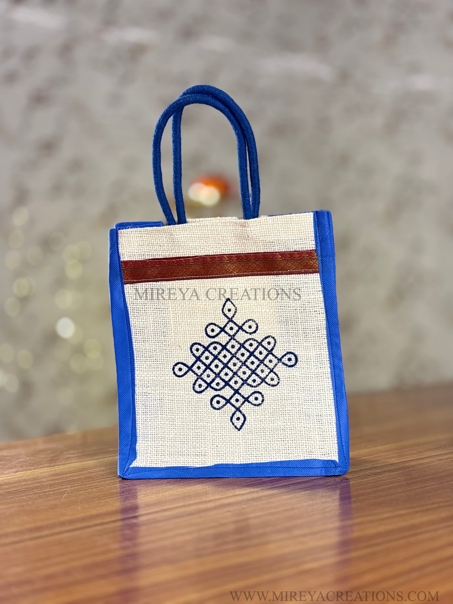Multicolour Kolam Print Jute Tambulam Bag Return Gift | Traditional Kolam Design Jute Bag | Wedding & Puja Favor Under ₹100