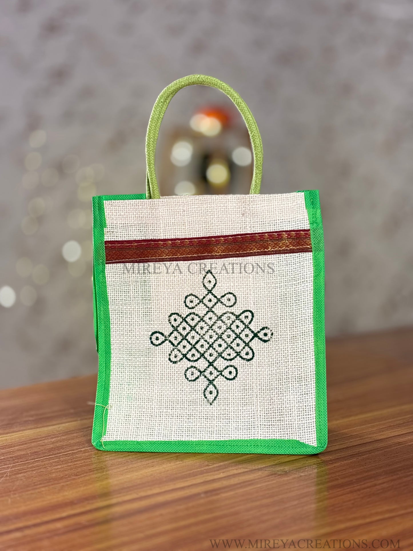 Multicolour Kolam Print Jute Tambulam Bag Return Gift | Traditional Kolam Design Jute Bag | Wedding & Puja Favor Under ₹100
