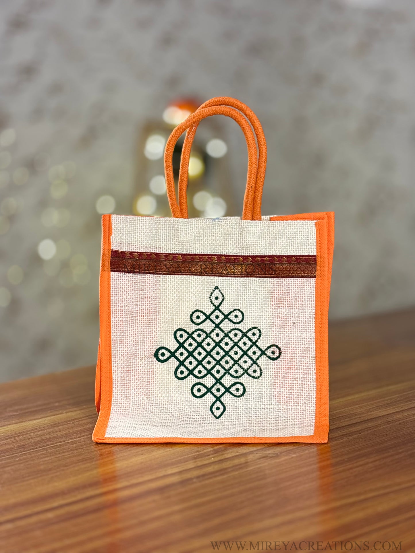 Multicolour Kolam Print Jute Tambulam Bag Return Gift | Traditional Kolam Design Jute Bag | Wedding & Puja Favor Under ₹100