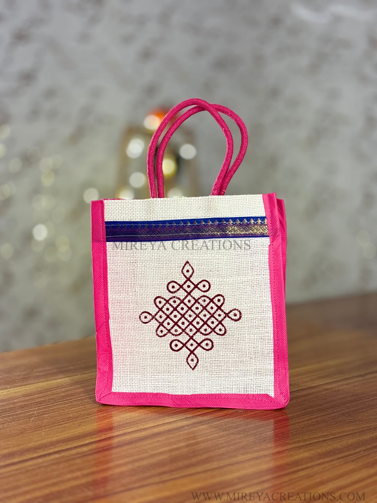 Multicolour Kolam Print Jute Tambulam Bag Return Gift | Traditional Kolam Design Jute Bag | Wedding & Puja Favor Under ₹100