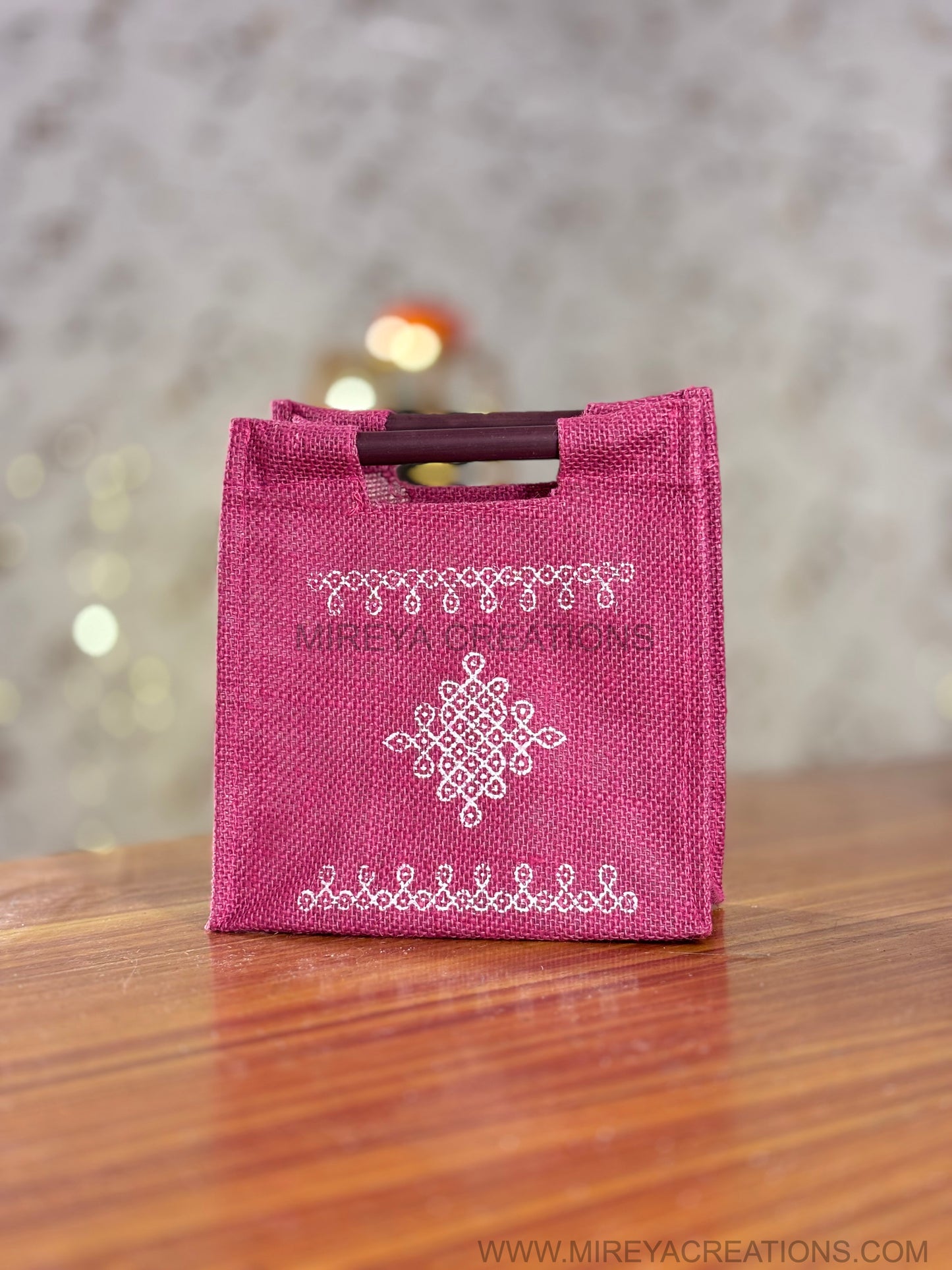 Pink Kolam Jute Bag Return Gift | Handcrafted Jute Bag with Wooden Handle | Wedding & Festive Favor Under ₹100