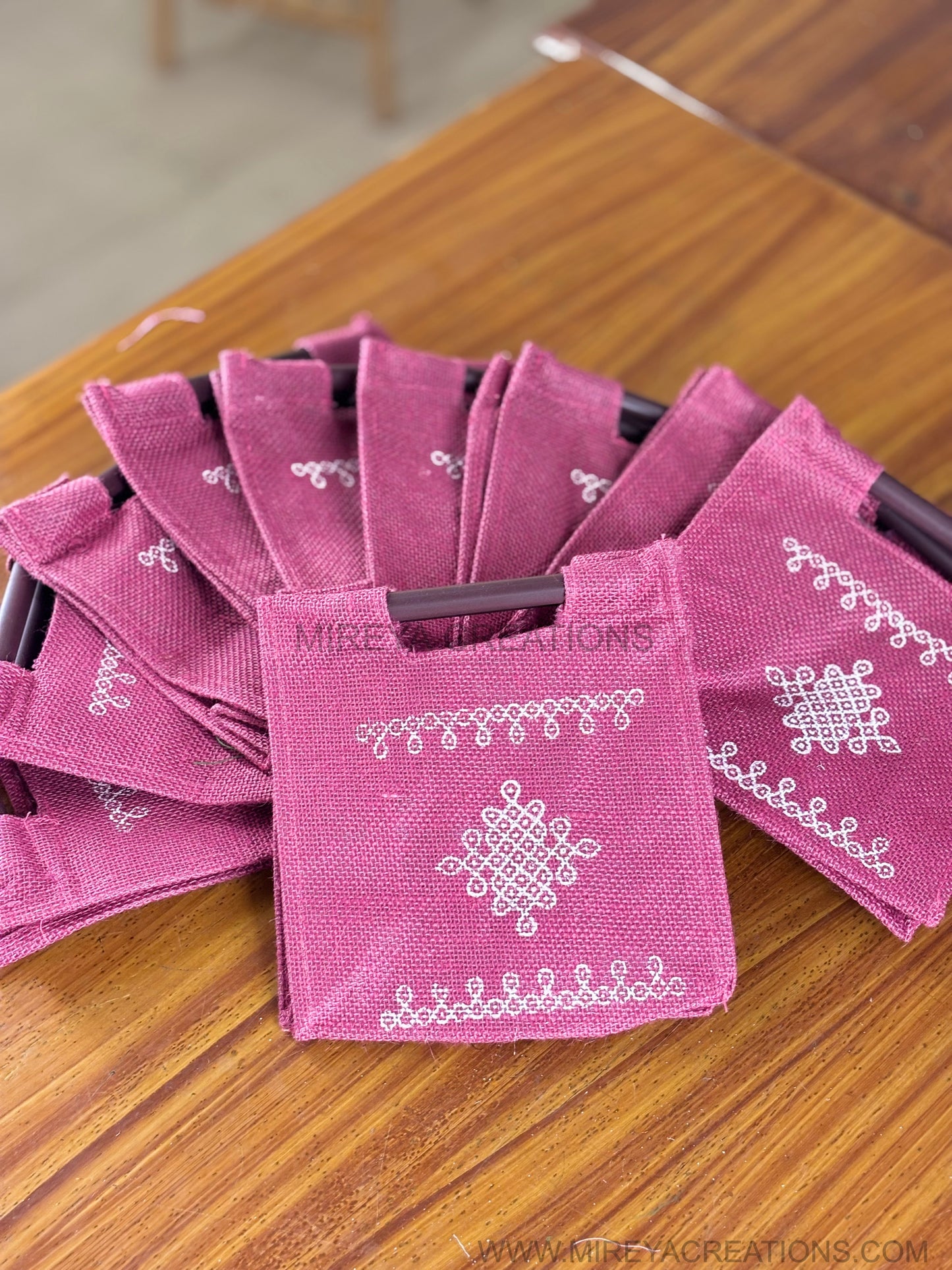 Pink Kolam Jute Bag Return Gift | Handcrafted Jute Bag with Wooden Handle | Wedding & Festive Favor Under ₹100