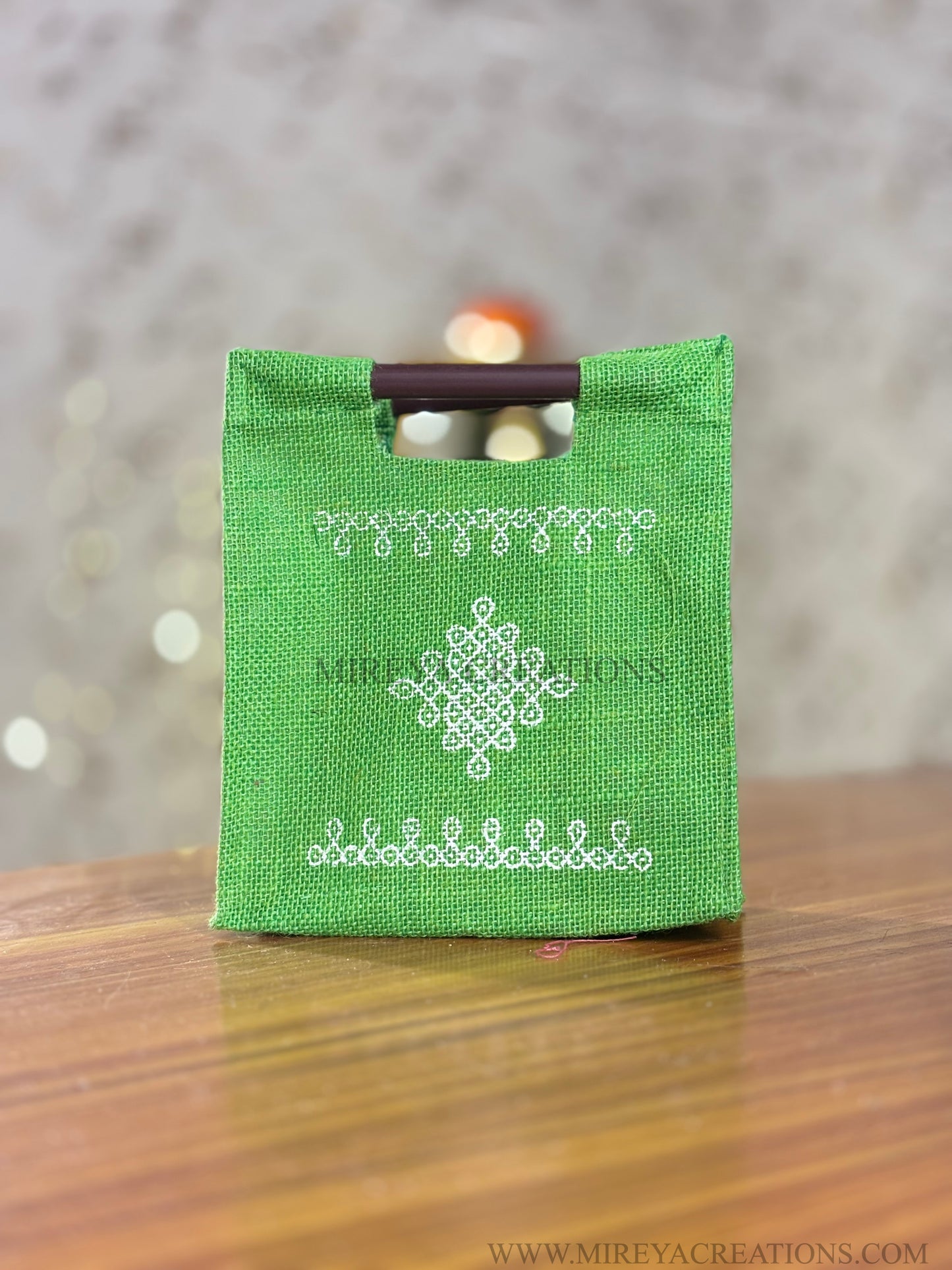 Green Kolam Jute Bag Return Gift | Handcrafted Jute Bag with Wooden Handle | Wedding & Festive Favor Under ₹100