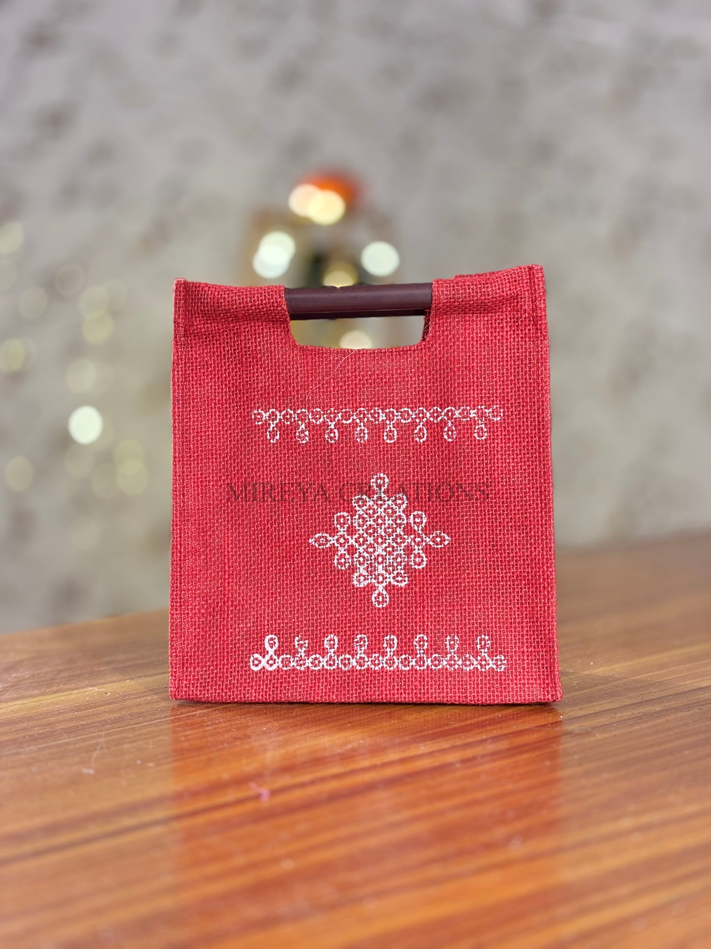 Red Kolam Jute Bag Return Gift | Handcrafted Jute Bag with Wooden Handle | Wedding & Festive Favor Under ₹100