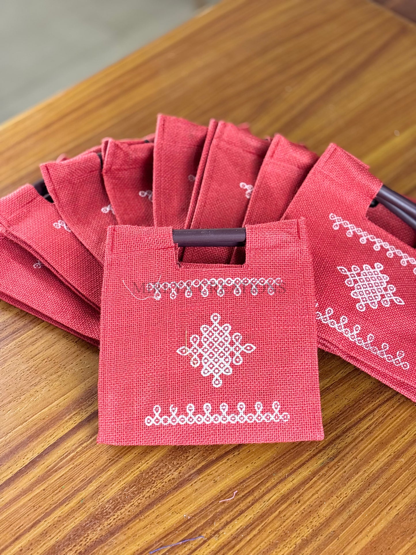 Red Kolam Jute Bag Return Gift | Handcrafted Jute Bag with Wooden Handle | Wedding & Festive Favor Under ₹100