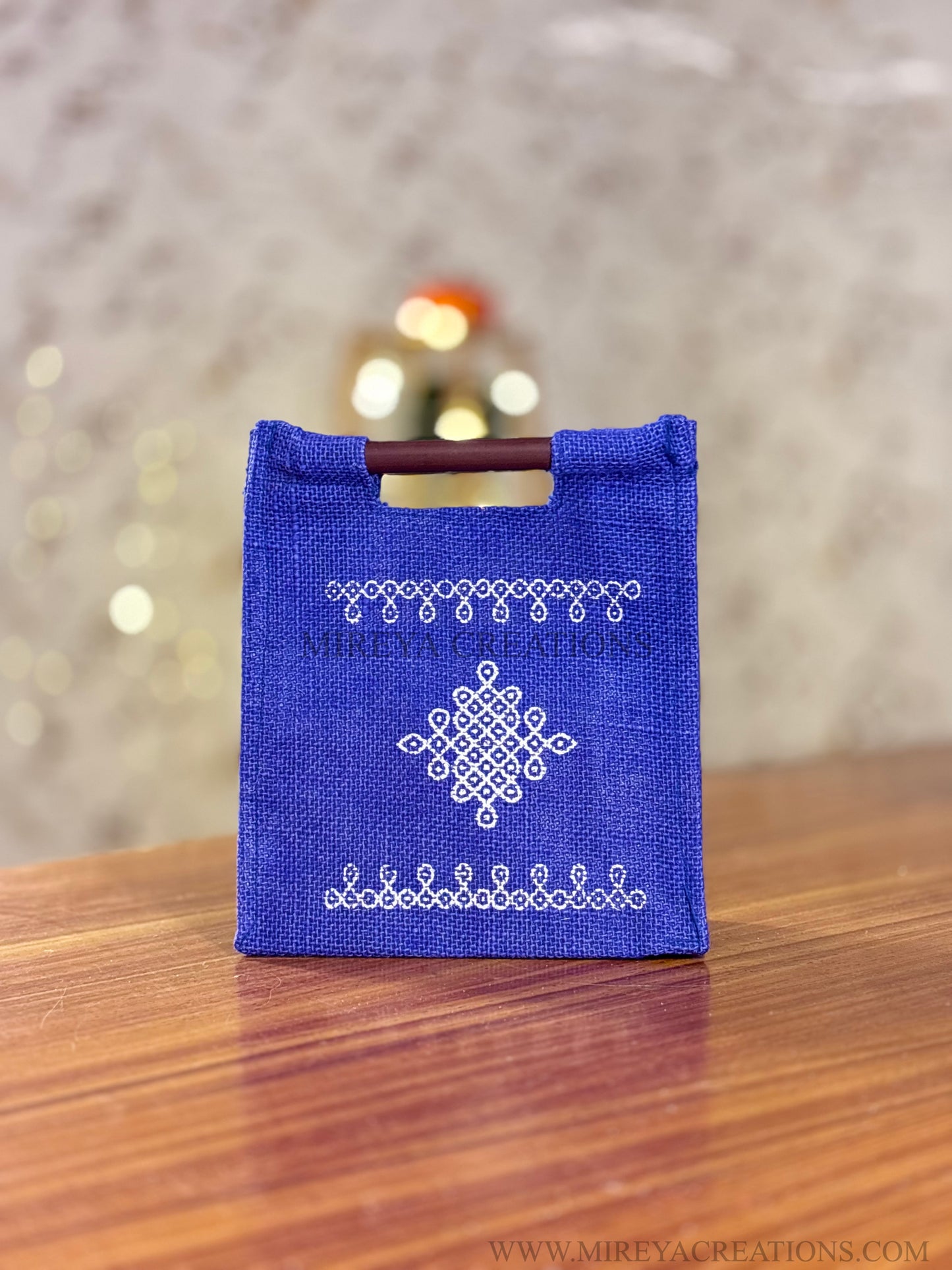 Royal Blue Kolam Jute Bag Return Gift | Handcrafted Jute Bag with Wooden Handle | Wedding & Festive Favor Under ₹100