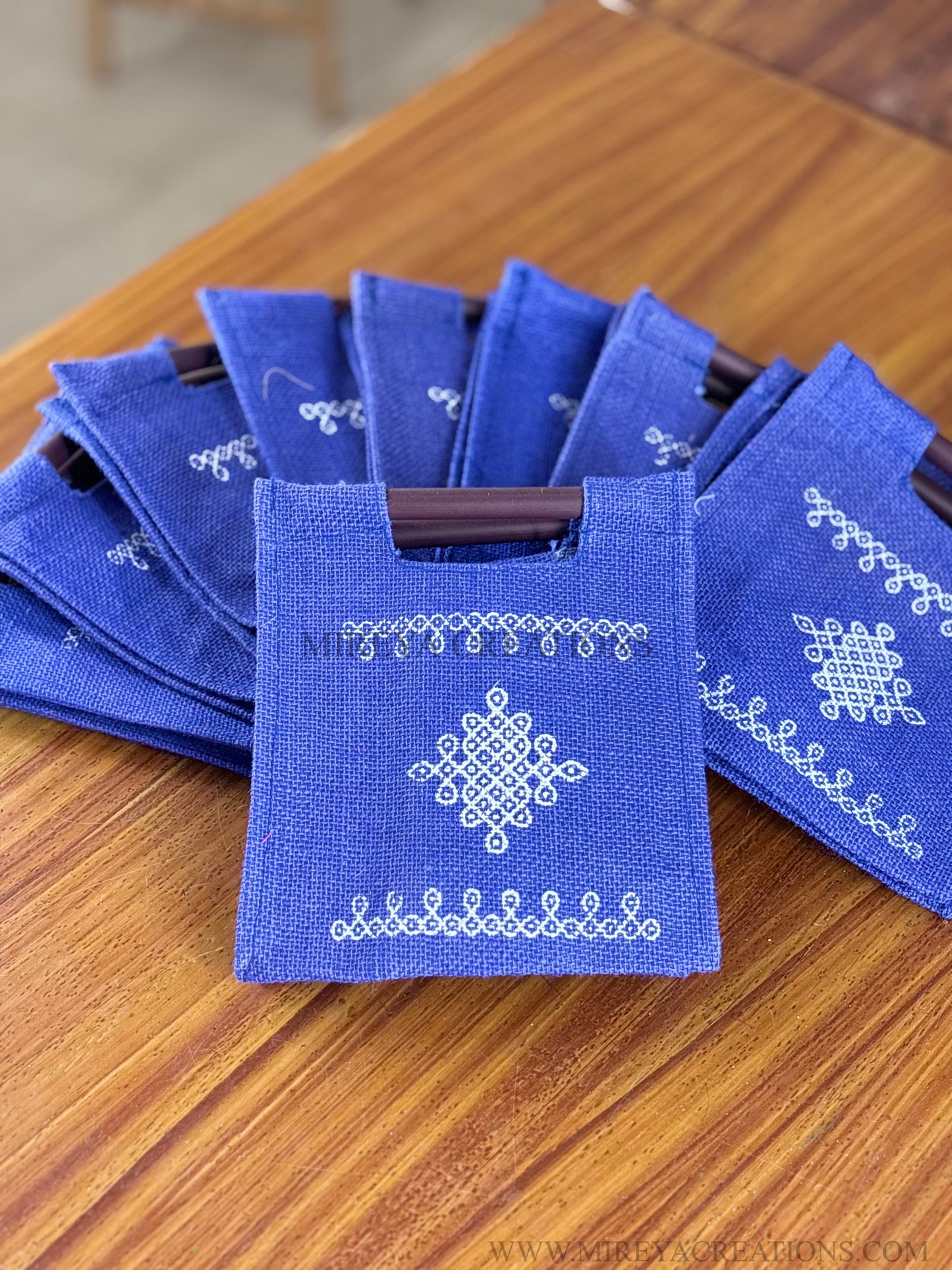 Royal Blue Kolam Jute Bag Return Gift | Handcrafted Jute Bag with Wooden Handle | Wedding & Festive Favor Under ₹100