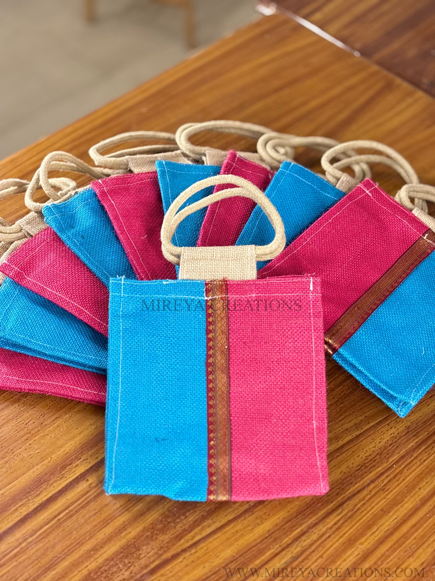 Dual Shade Blue & Pink Mini Jute Bag Return Gift | Handcrafted Jute Bag with Zari Strip | Wedding & Festive Favor Under ₹150