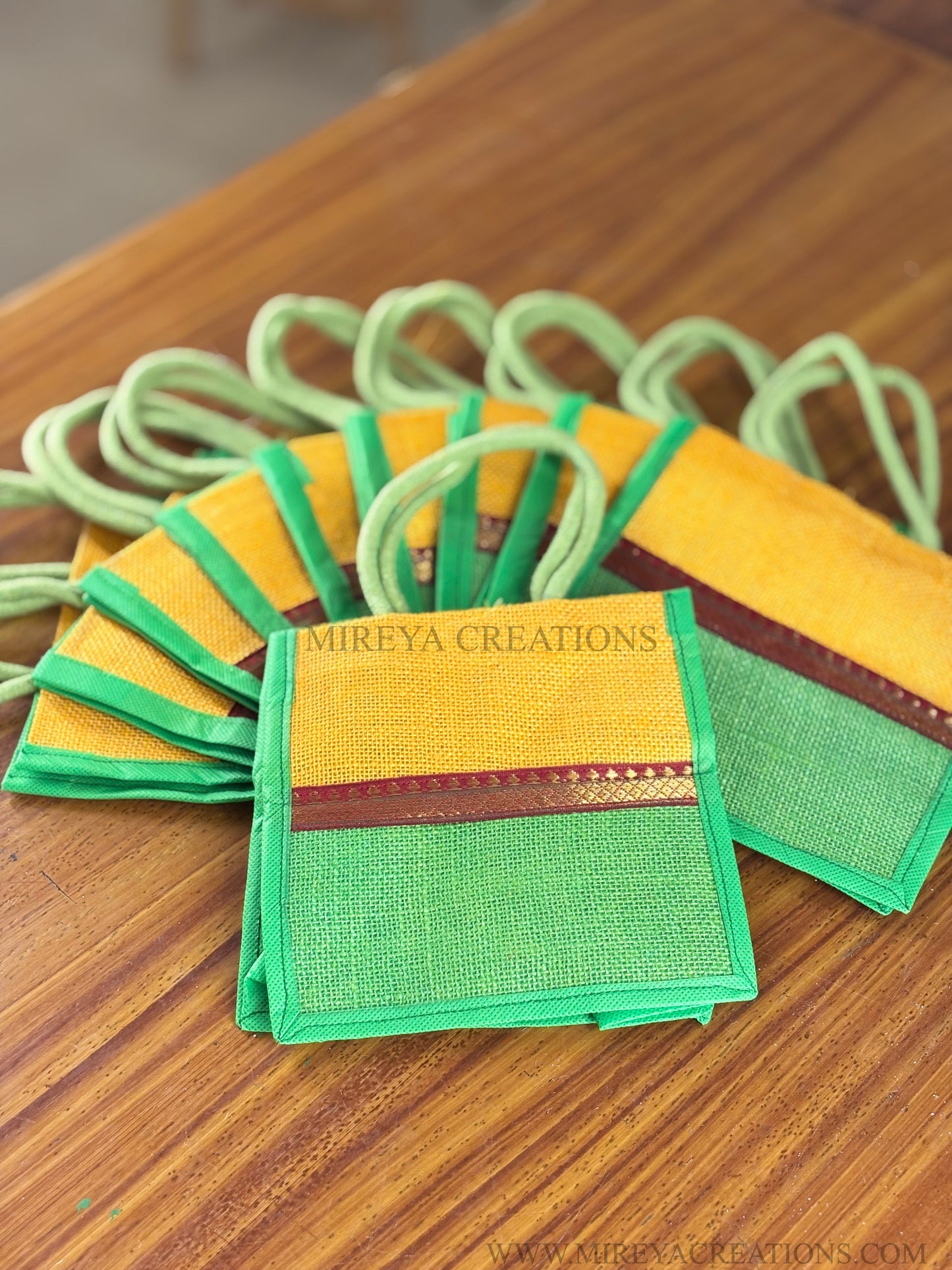 Yellow & Green Mini Jute Bag Return Gift | Handcrafted Jute Gift Bag | Wedding & Festive Favor Under ₹100