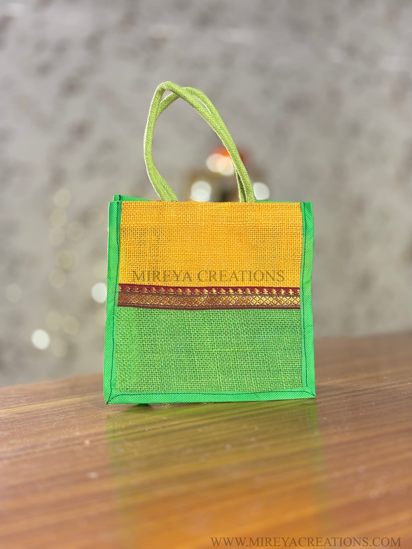 Yellow & Green Mini Jute Bag Return Gift | Handcrafted Jute Gift Bag | Wedding & Festive Favor Under ₹100