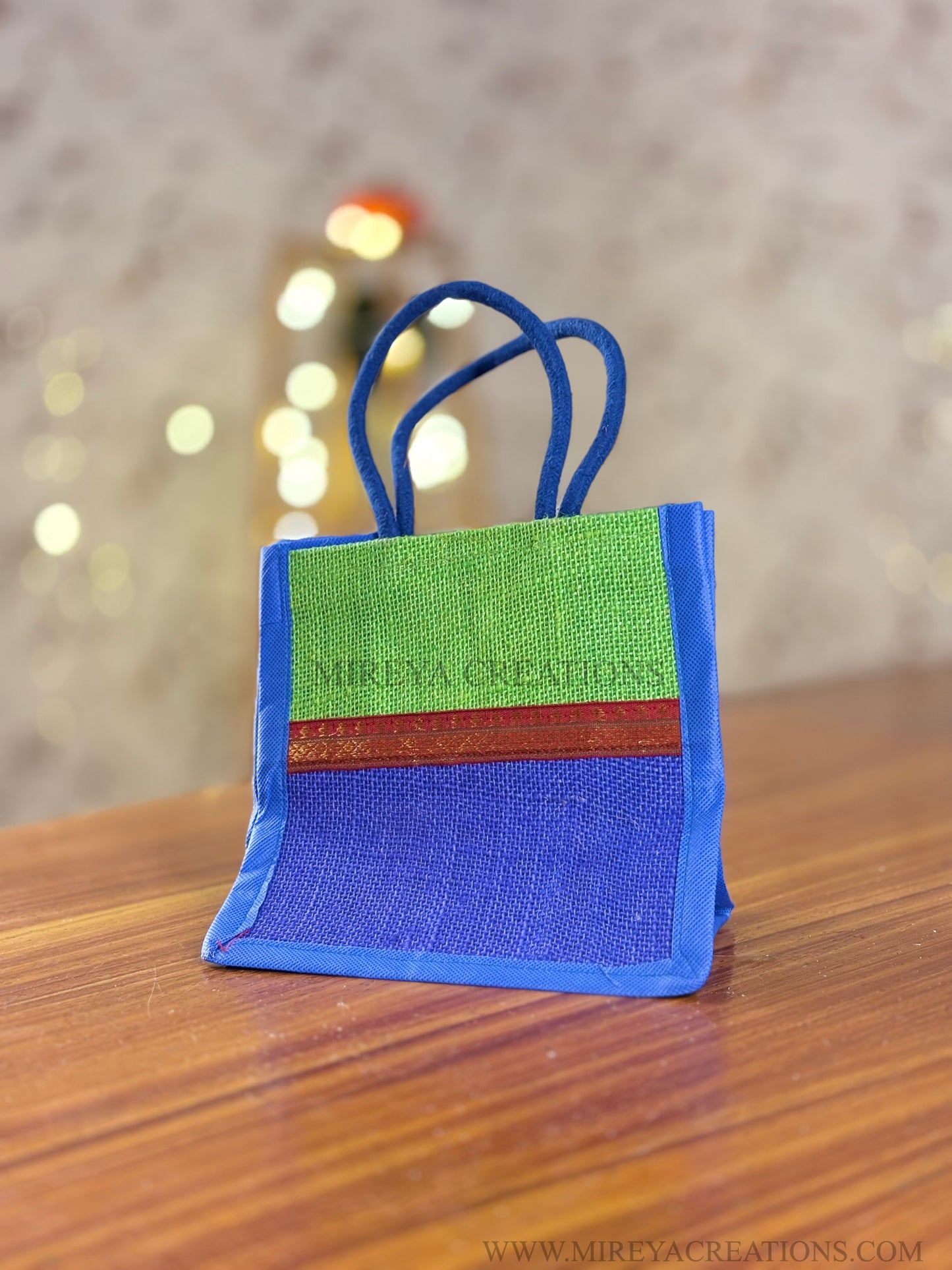 Two Tone Green & Blue Mini Jute Bag Return Gift | Handcrafted Jute Bag | Wedding & Festive Favor Under ₹150