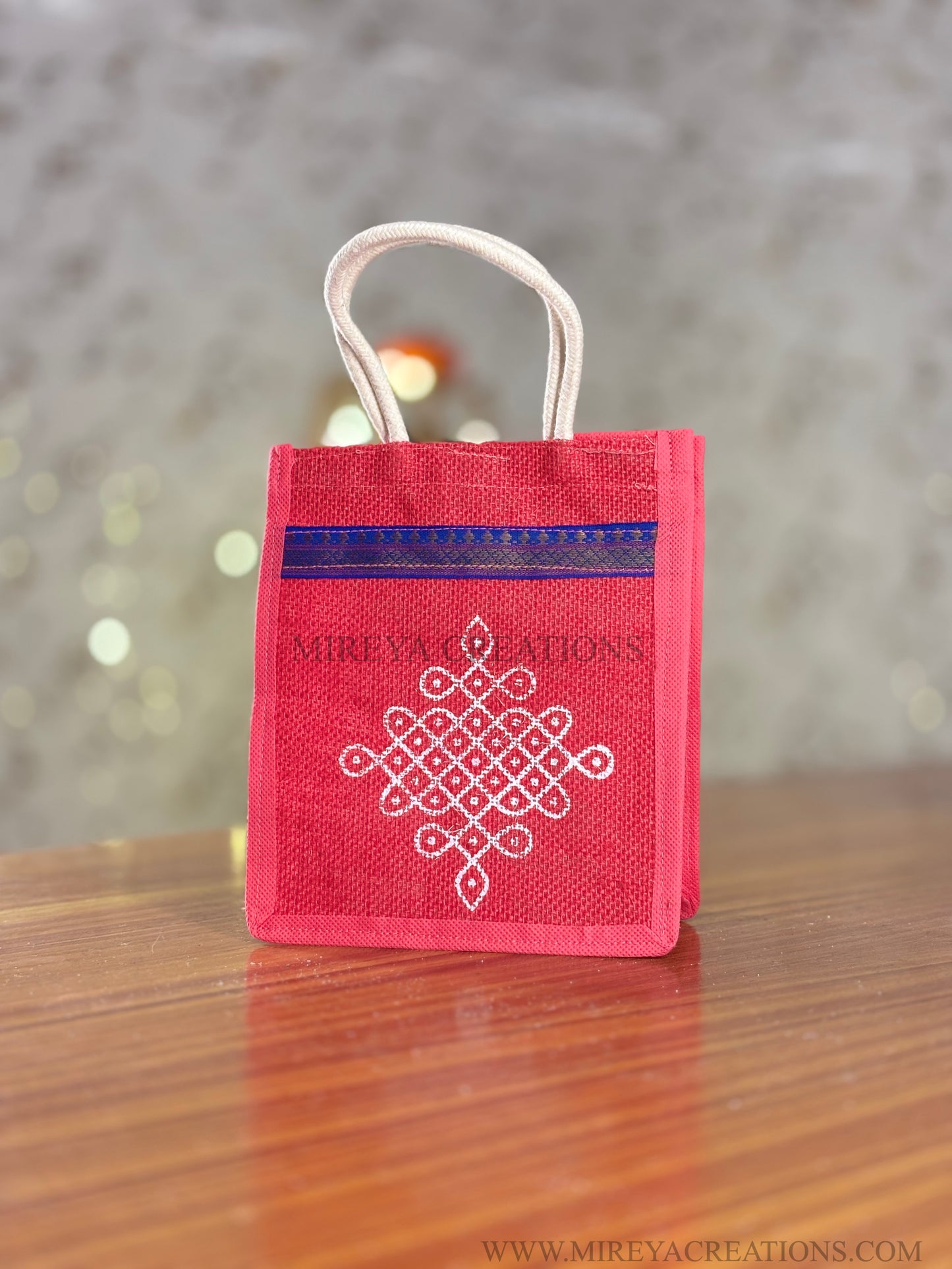 Pink Kolam Print Mini Jute Bag Return Gift | Handcrafted Jute Bag with Blue Zari Border | Wedding & Festive Favor Under ₹150