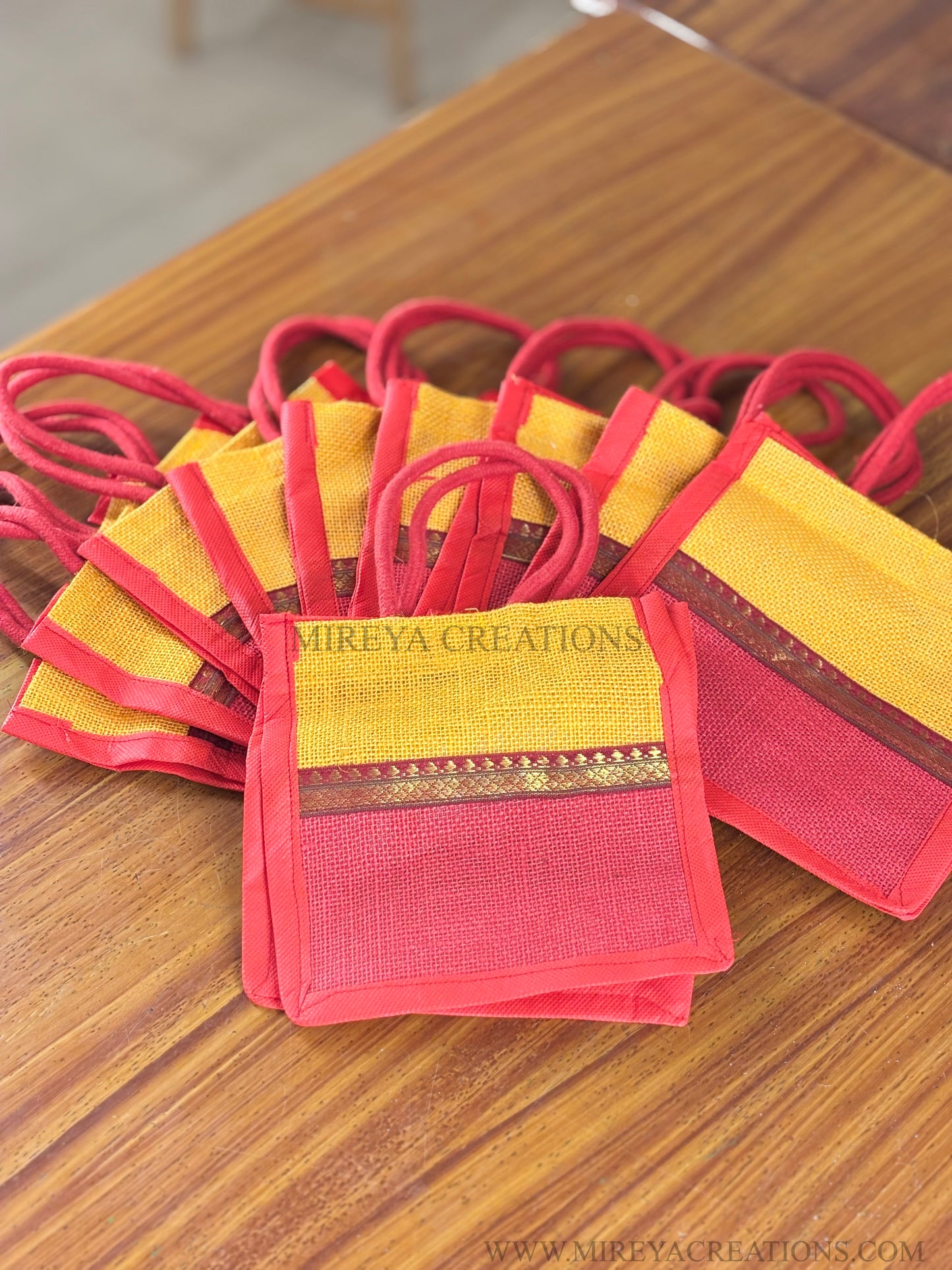 Yellow & Red Mini Jute Gift Bag Return Gift | Handcrafted Jute Gift Bag | Wedding & Festive Favor Under ₹100
