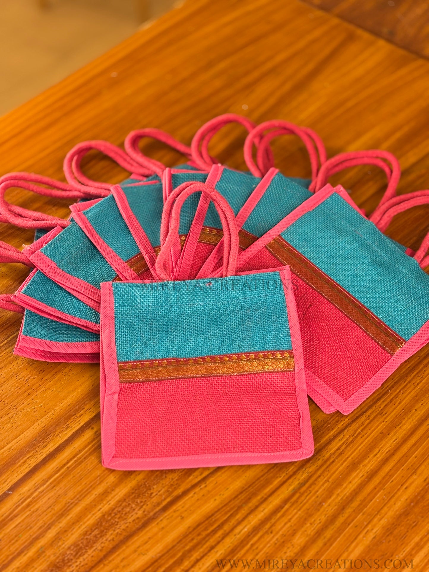 Dual Shade Blue & Pink Mini Jute Bag Return Gift | Handcrafted Jute Gift Bag | Wedding & Festive Favor Under ₹150