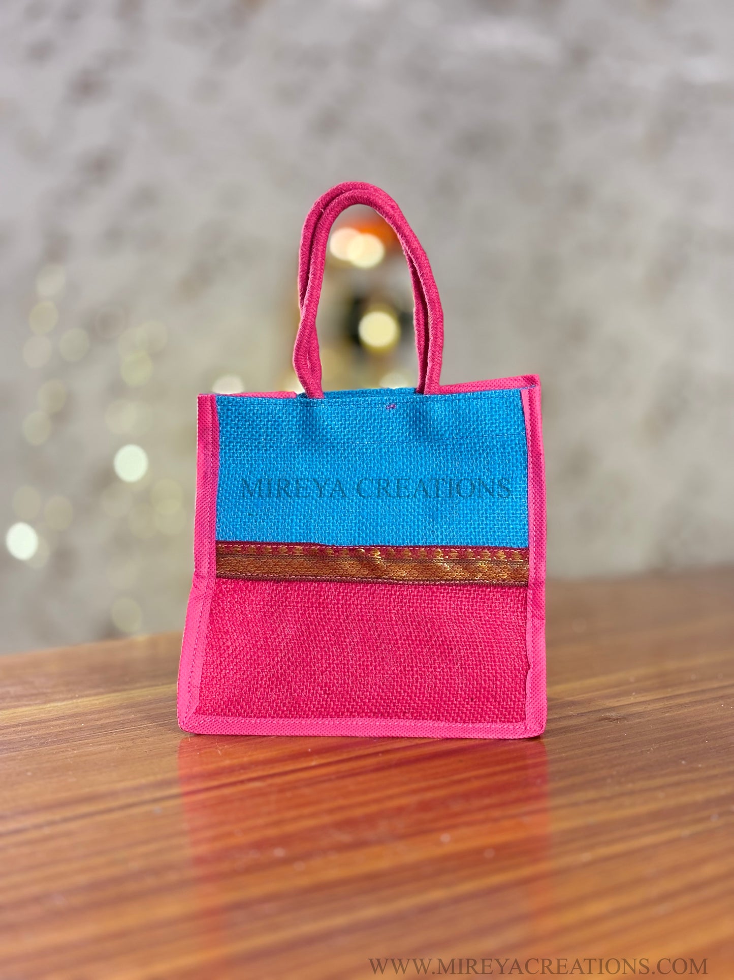 Dual Shade Blue & Pink Mini Jute Bag Return Gift | Handcrafted Jute Gift Bag | Wedding & Festive Favor Under ₹150