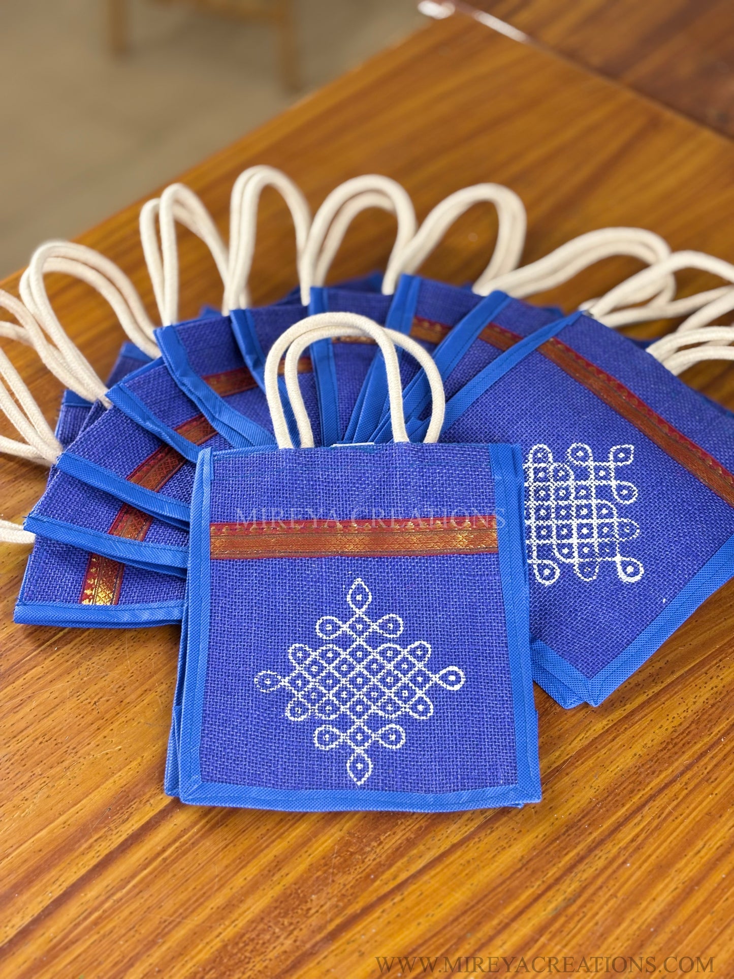Royal Blue Kolam Print Mini Jute Bag Return Gift | Handcrafted Jute Bag with Zari Border | Wedding & Festive Favor Under ₹150