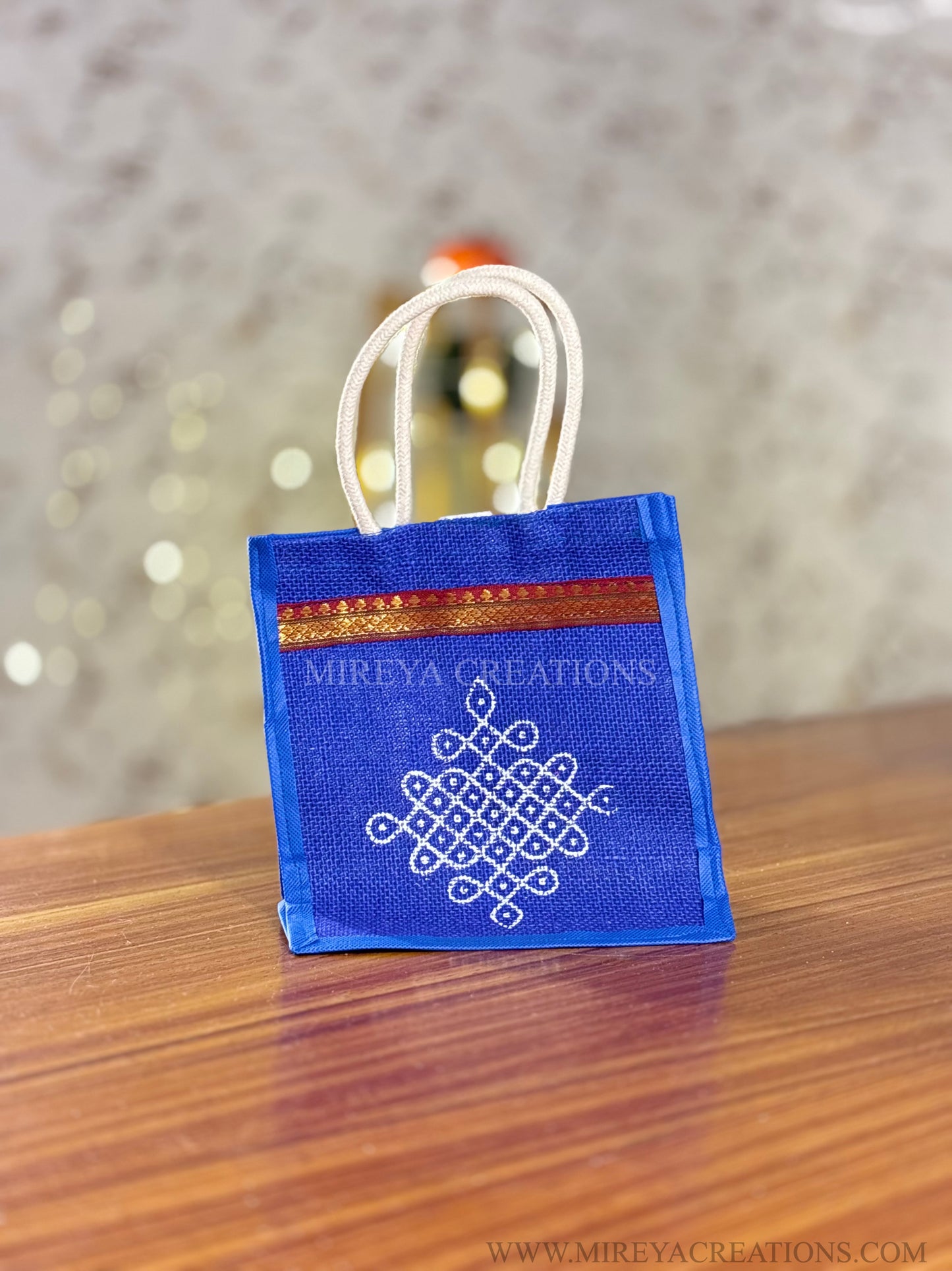 Royal Blue Kolam Print Mini Jute Bag Return Gift | Handcrafted Jute Bag with Zari Border | Wedding & Festive Favor Under ₹150