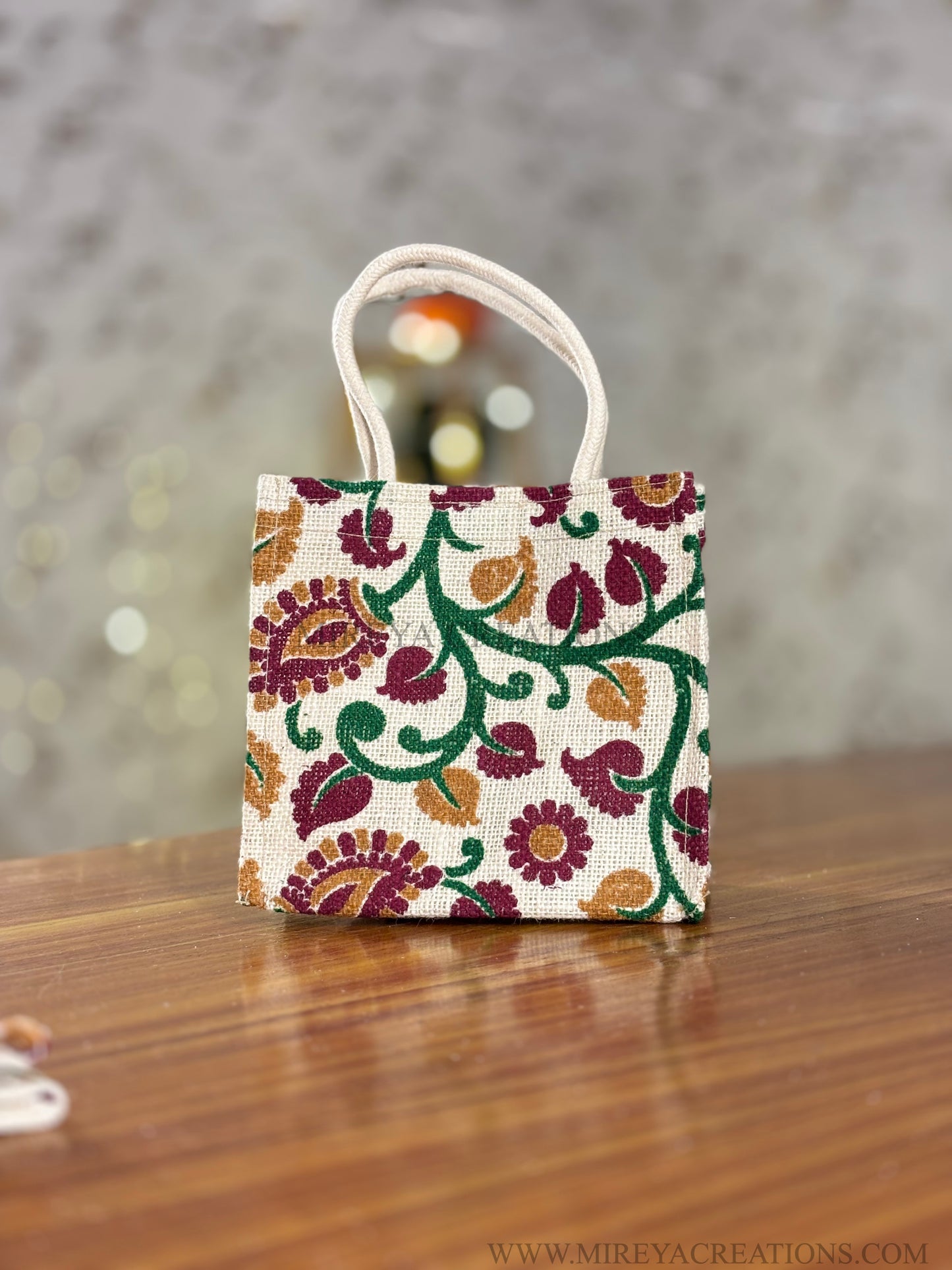 Beige Floral Jute Gift Bag Return Gift | Handcrafted Floral Jute Bag | Wedding & Festive Favor Under ₹150