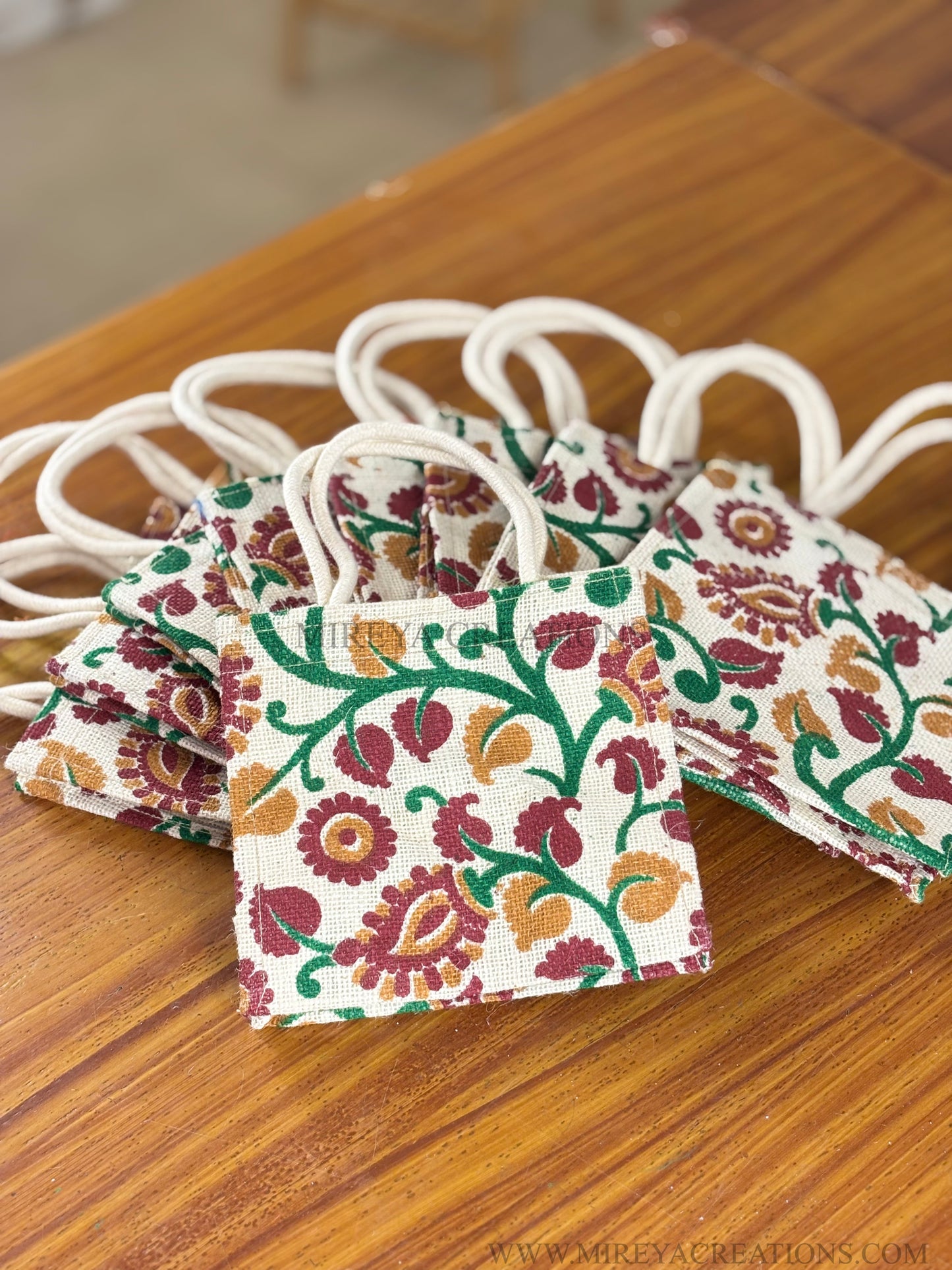 Beige Floral Jute Gift Bag Return Gift | Handcrafted Floral Jute Bag | Wedding & Festive Favor Under ₹150