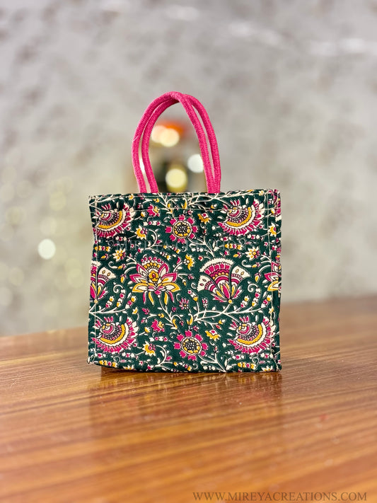 Floral Print Fabric Mini Gift Bag Return Gift | Boutique-Style Floral Bag with Pink Handles | Wedding & Festive Favor Under ₹150
