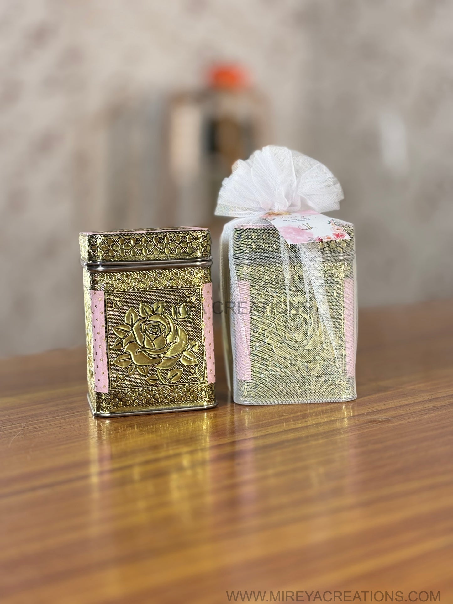 Antique Gold Rose Metal Container Return Gift | Decorative Metal Storage Box | Wedding & Festive Favor Under ₹300