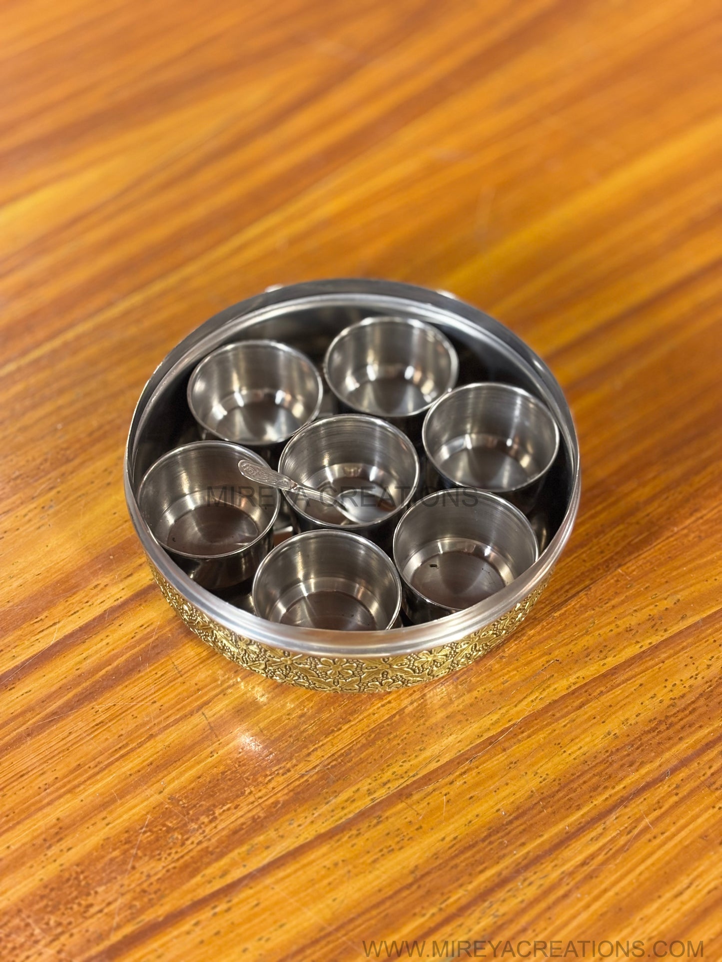 Meenakari Spice Box Return Gift | Embossed Metal Dry Fruit Box with Katoris | Wedding & Puja Favor Under ₹1000