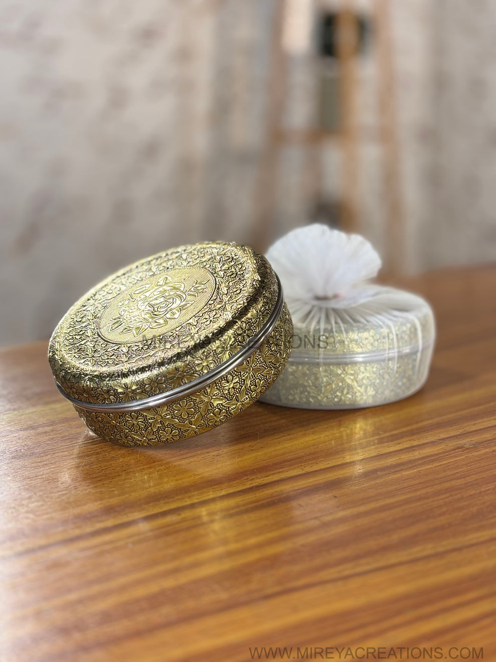 Premium Return Gift - Round Antique Gold Rose Masala Box – Mireya Creations
