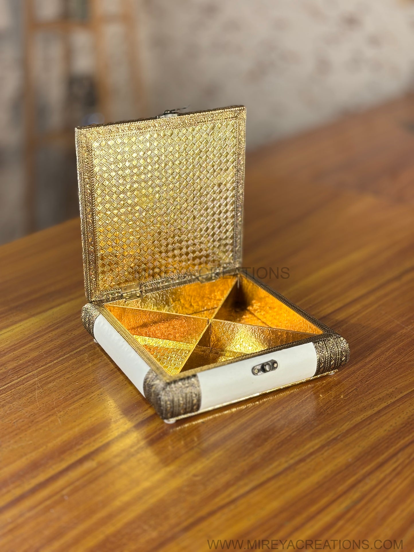 Ivory & Antique Gold Square Dry Fruit Box Return Gift | Ornate Jewellery & Dry Fruit Storage Box | Wedding & Festive Favor