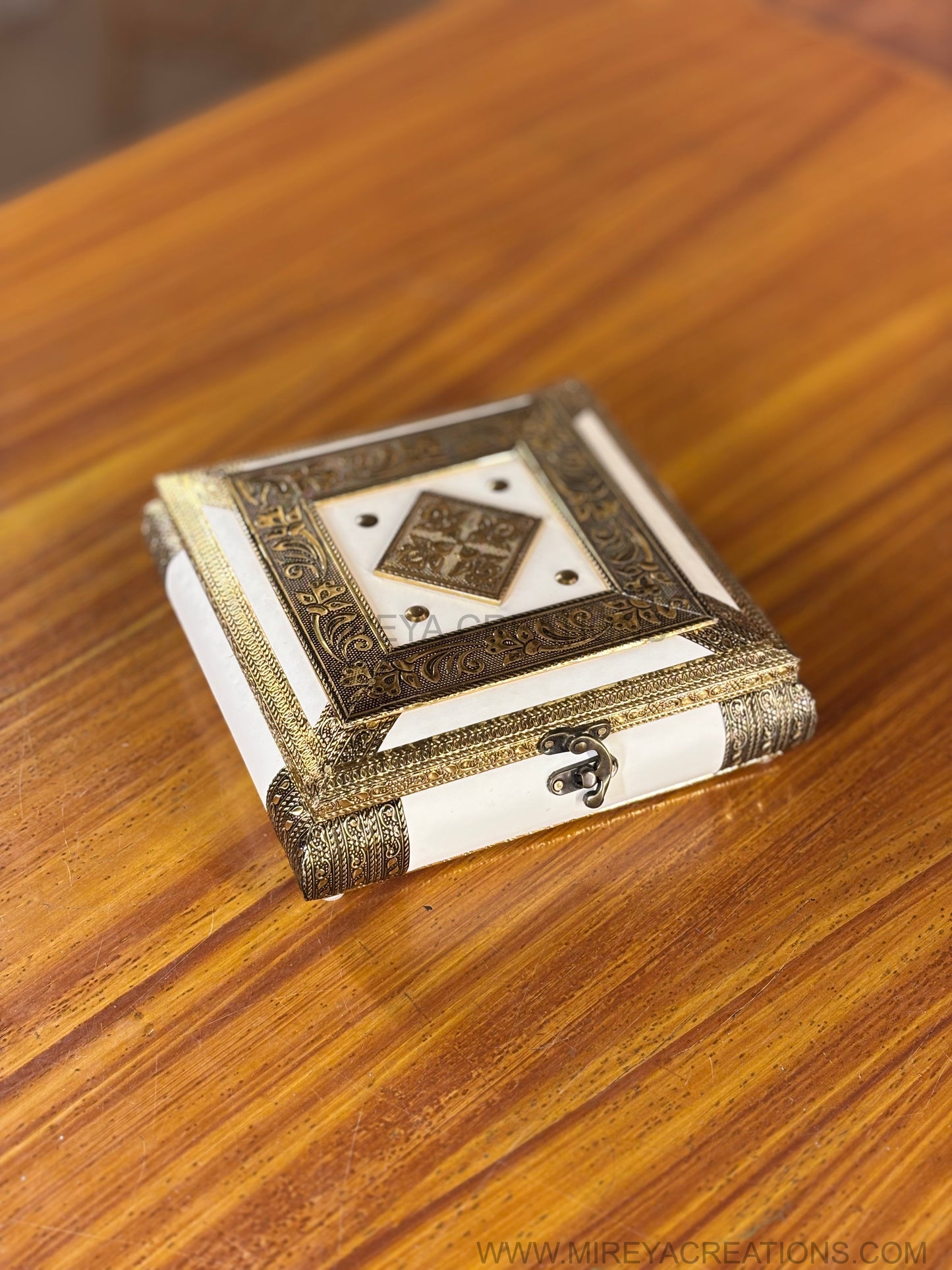 Ivory & Antique Gold Square Dry Fruit Box Return Gift | Ornate Jewellery & Dry Fruit Storage Box | Wedding & Festive Favor