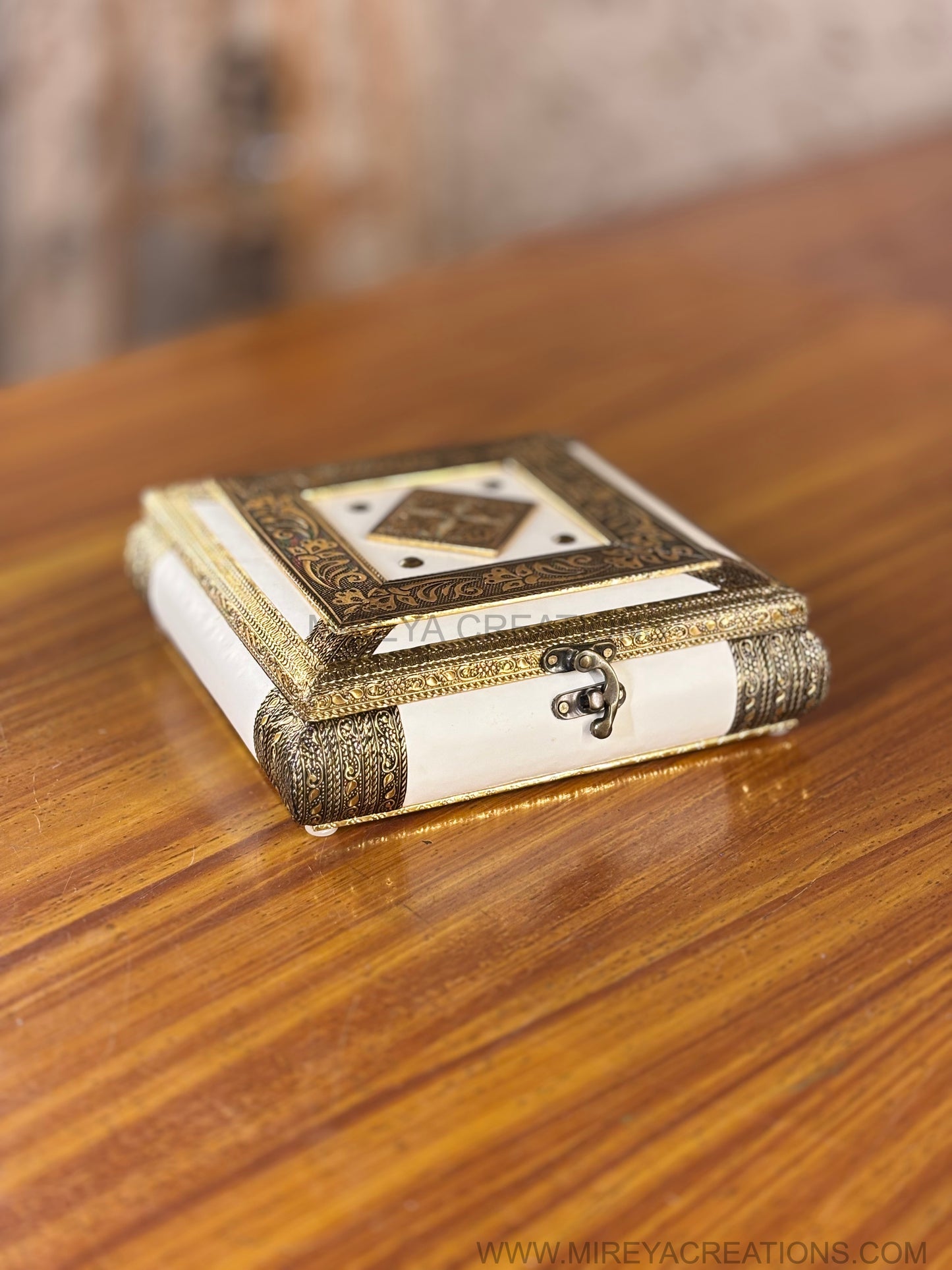 Ivory & Antique Gold Square Dry Fruit Box Return Gift | Ornate Jewellery & Dry Fruit Storage Box | Wedding & Festive Favor