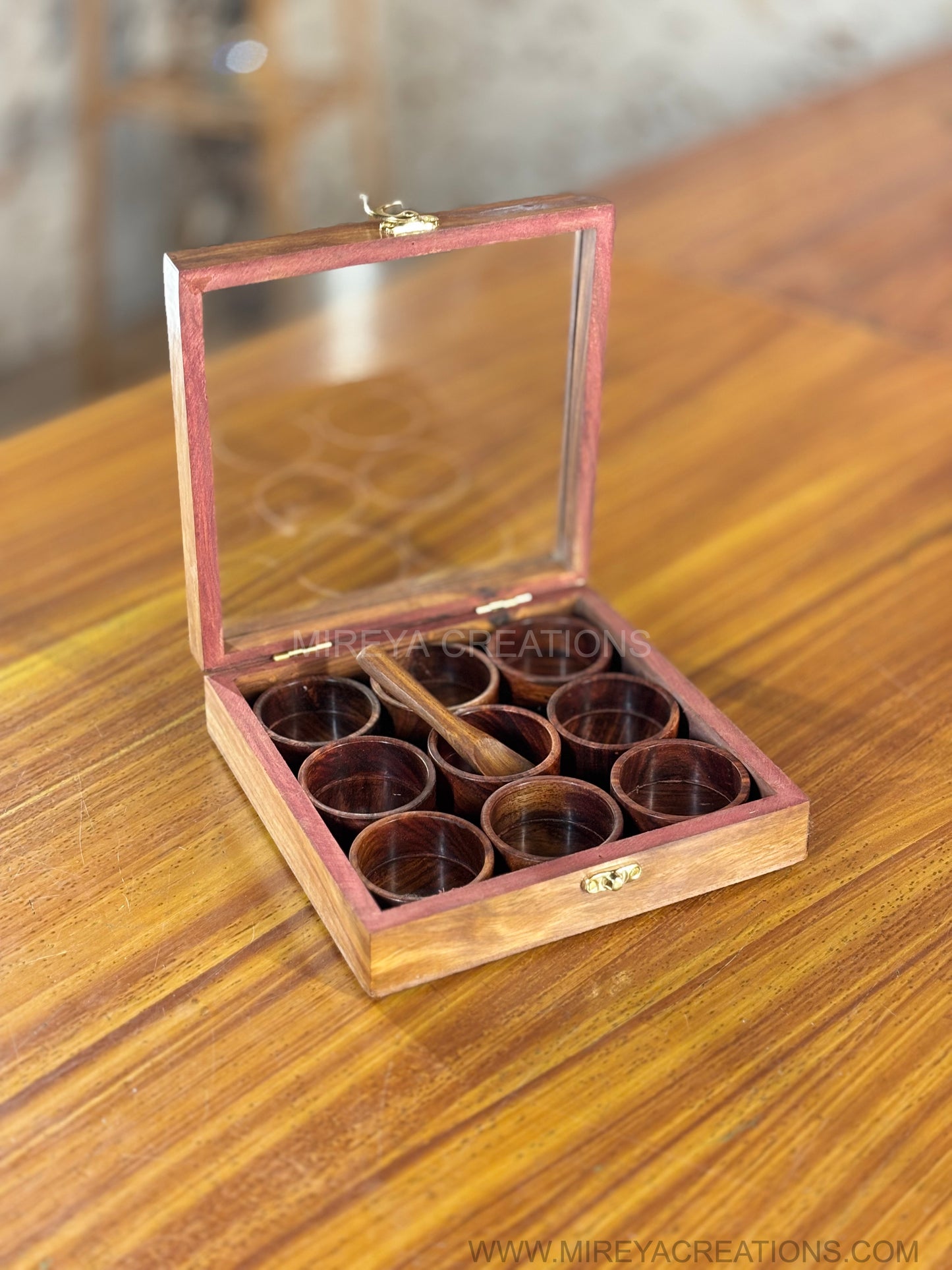 Wooden Masala & Dry Fruit Box Return Gift | Square Wooden Organizer with Spoon & Katoris | Wedding & Housewarming Favor Under ₹1500