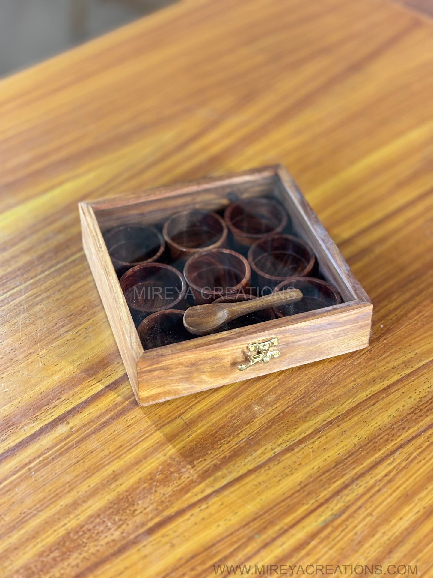Wooden Masala & Dry Fruit Box Return Gift | Square Wooden Organizer with Spoon & Katoris | Wedding & Housewarming Favor Under ₹1500